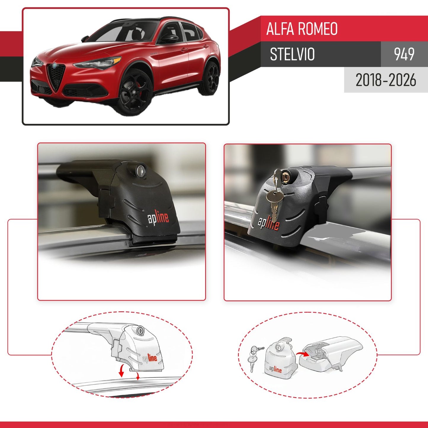 ACE-2 Dakdrager bagagedrager compatibel met Alfa Romeo Stelvio 2018-2024 Spoorstaven Grijs Aluminium 2 Staven