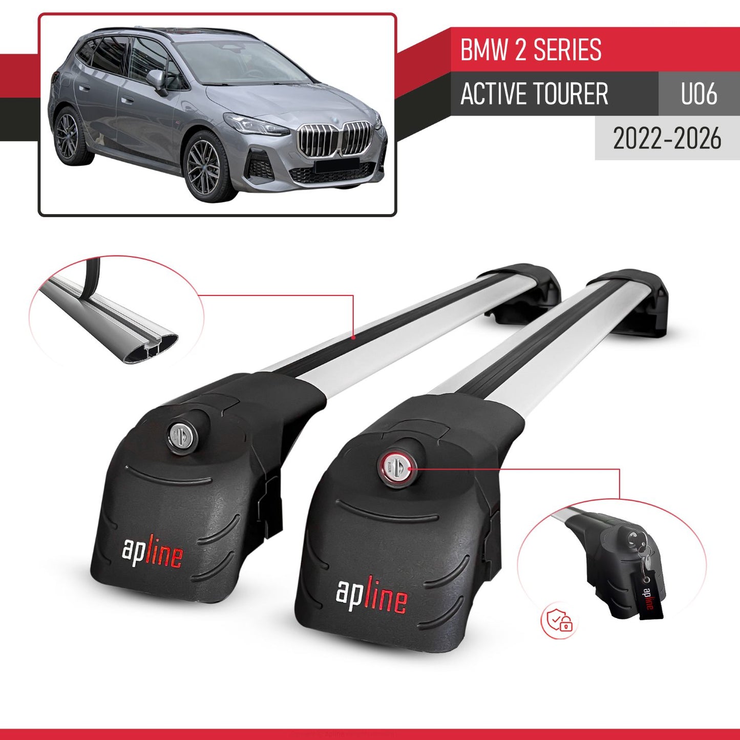 ACE-2 Dakdrager bagagedrager compatibel met BMW 2 Series Active Tourer 2022-2024 Spoorstaven Grijs Aluminium 2 Staven