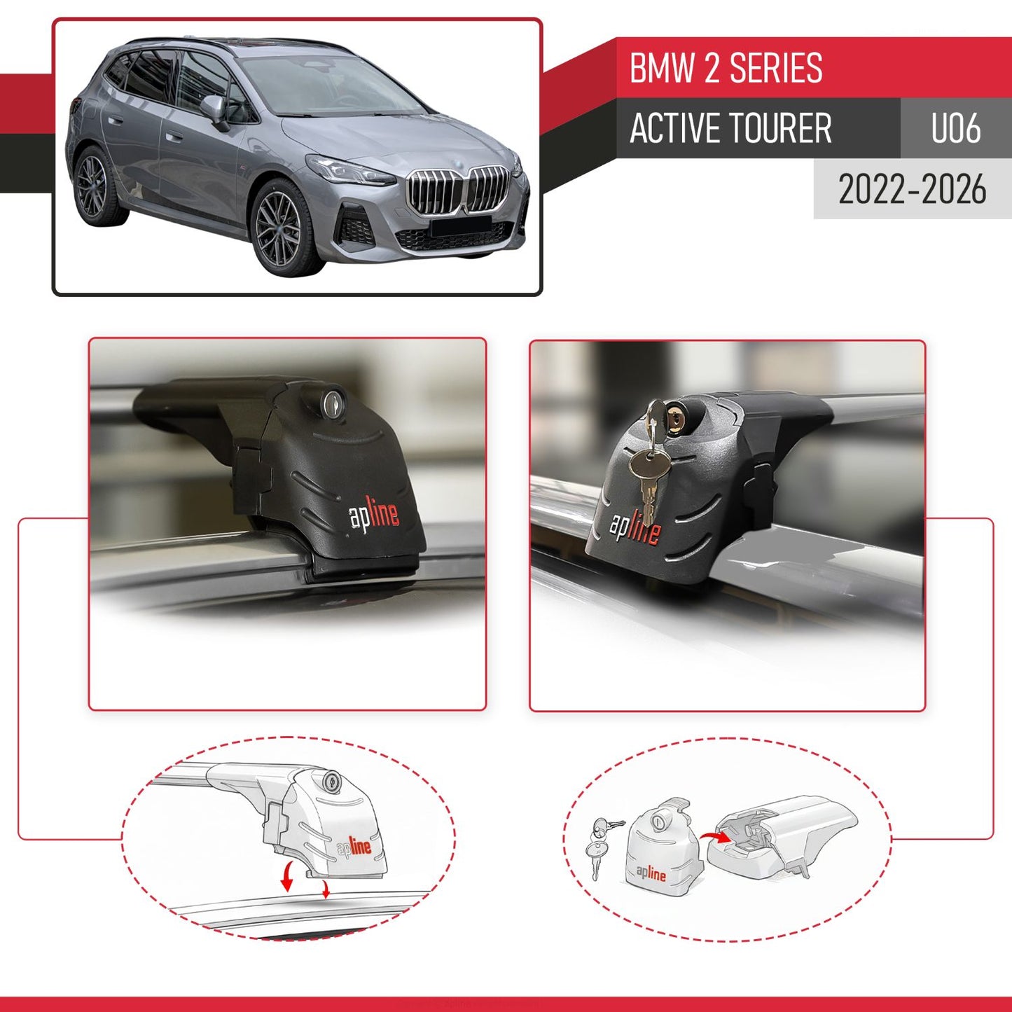ACE-2 Dakdrager bagagedrager compatibel met BMW 2 Series Active Tourer 2022-2024 Spoorstaven Grijs Aluminium 2 Staven