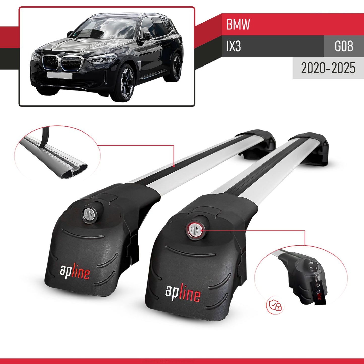 ACE-2 Dakdrager bagagedrager compatibel met BMW iX3 G08 2021-2024 Spoorstaven Grijs Aluminium 2 Staven