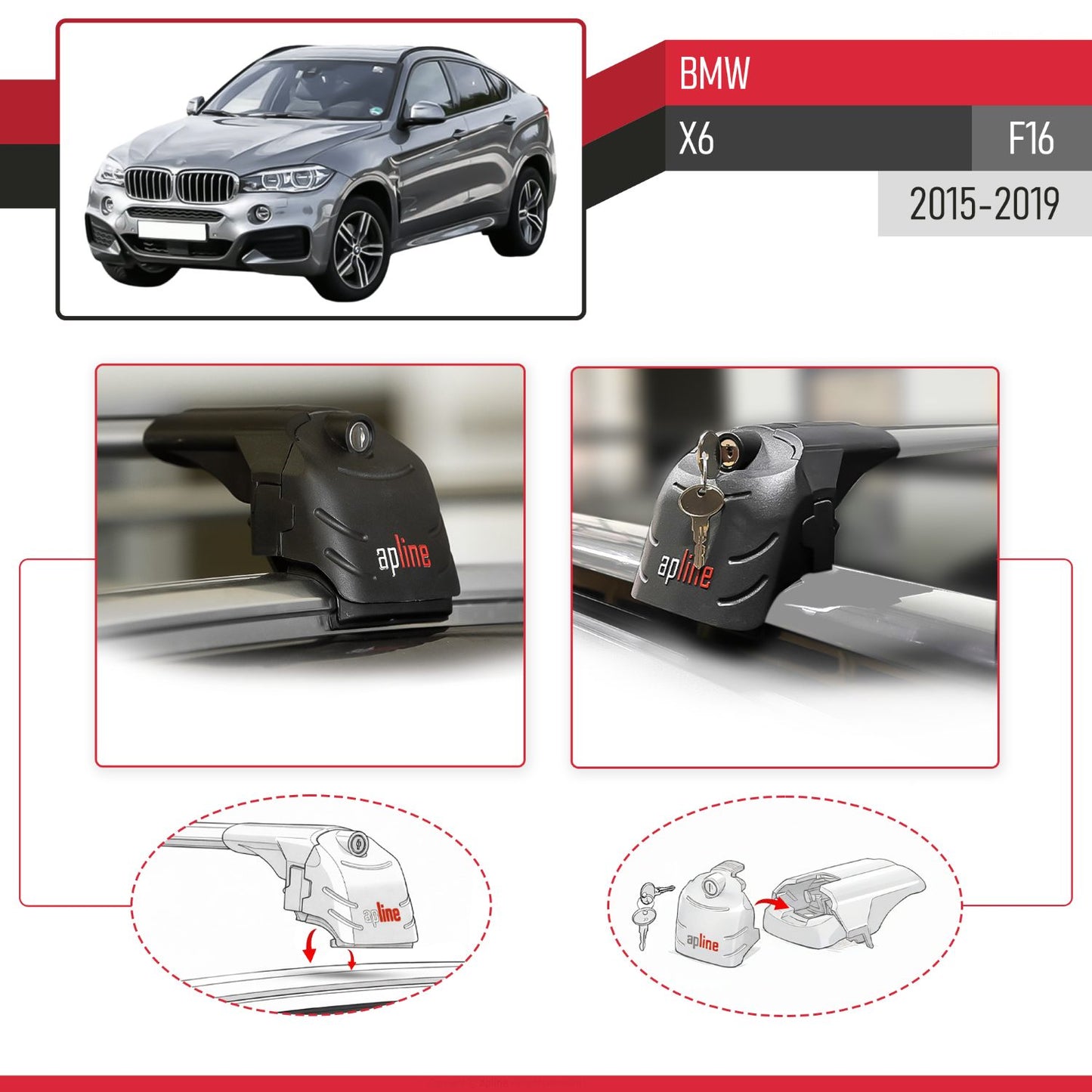 ACE-2 Dakdrager bagagedrager compatibel met BMW X6 (F16) 2015-2019 Spoorstaven Grijs Aluminium 2 Staven