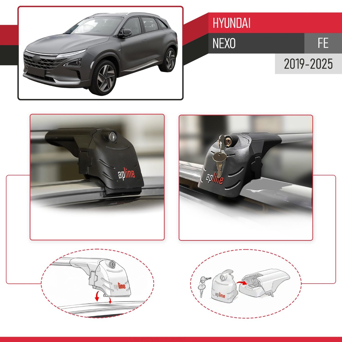 ACE-2 Dakdrager bagagedrager compatibel met Hyundai Nexo 2019-2023 Spoorstaven Grijs Aluminium 2 Staven