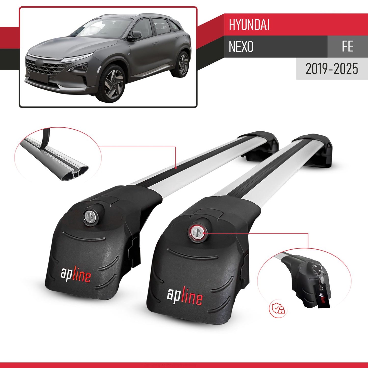 ACE-2 Dakdrager bagagedrager compatibel met Hyundai Nexo 2019-2023 Spoorstaven Grijs Aluminium 2 Staven