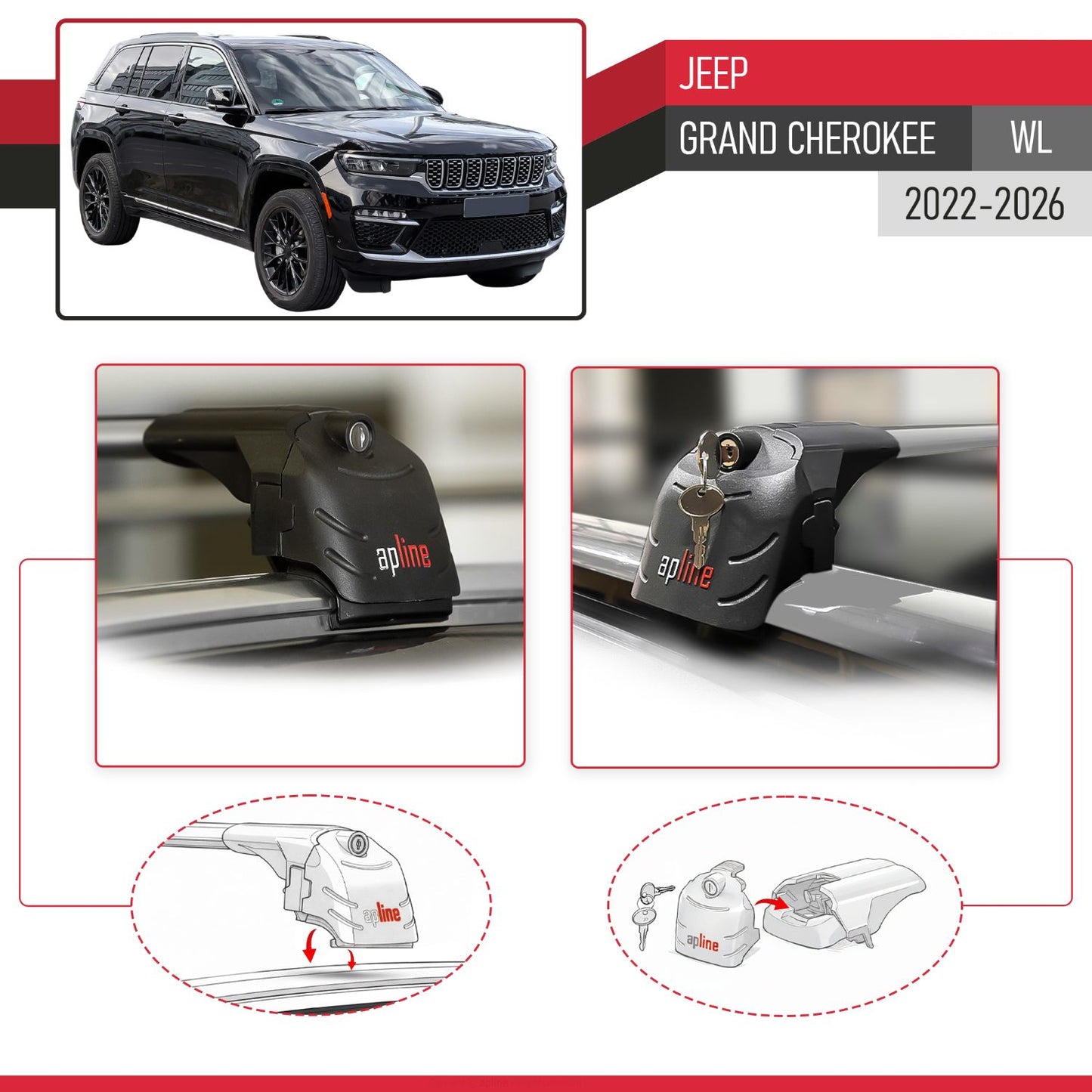 ACE-2 Dakdrager bagagedrager compatibel met Jeep Grand Cherokee 2022-2024 Spoorstaven Grijs Aluminium 2 Staven