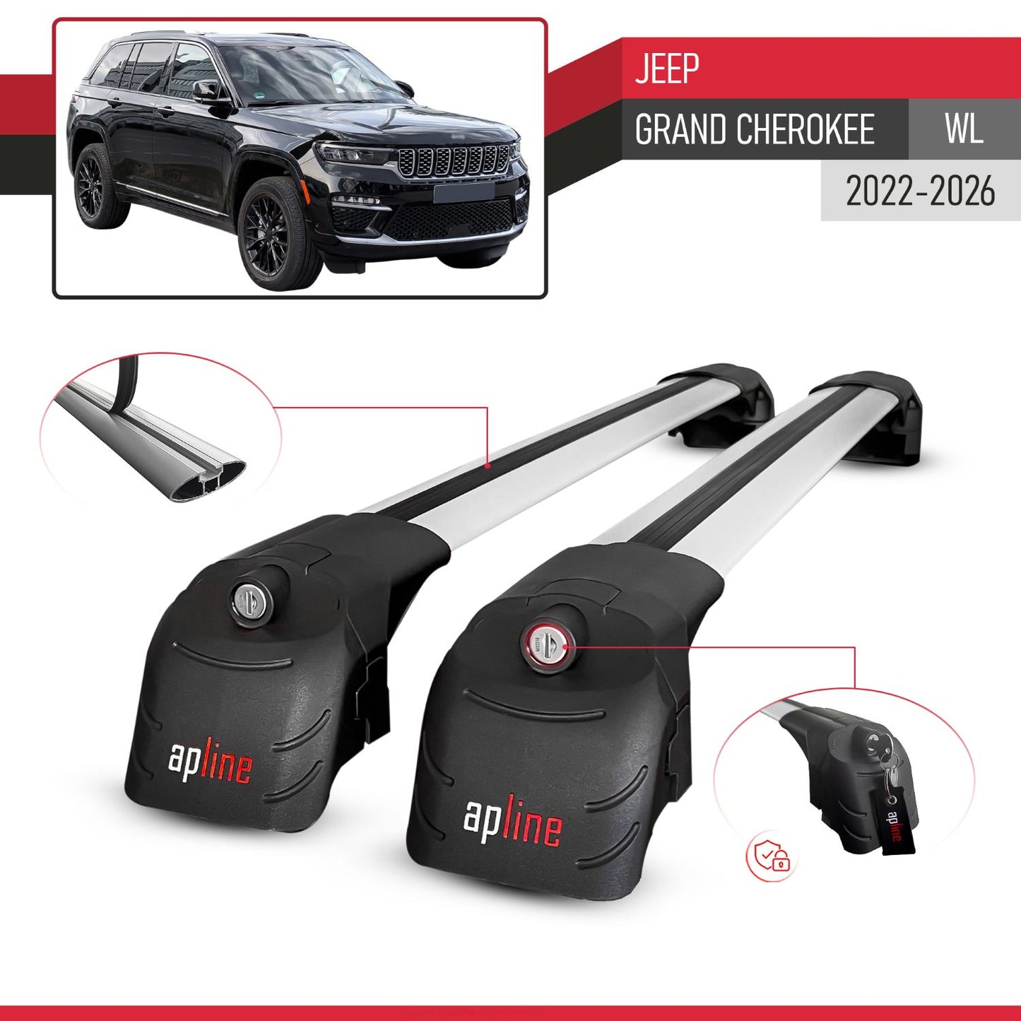 ACE-2 Dakdrager bagagedrager compatibel met Jeep Grand Cherokee 2022-2024 Spoorstaven Grijs Aluminium 2 Staven
