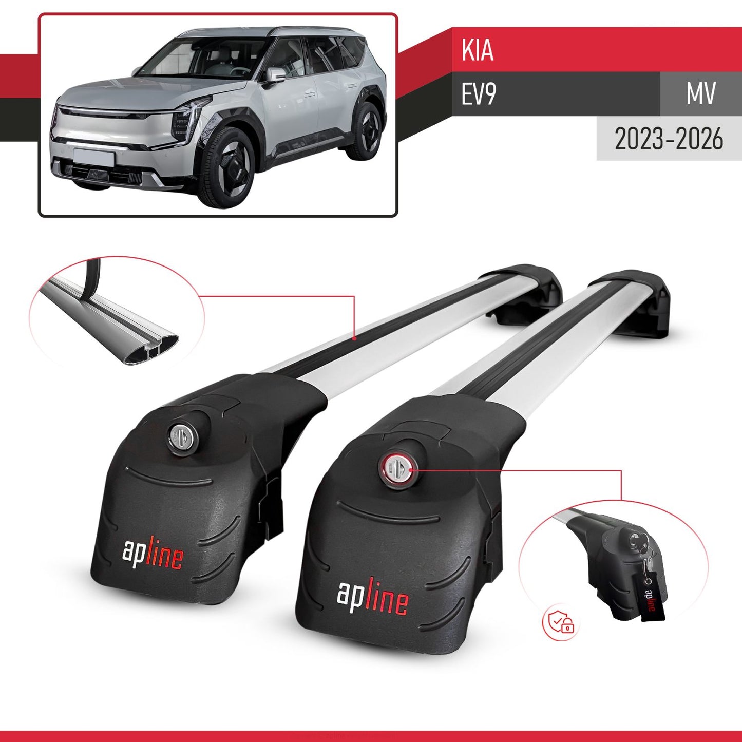 Compatible with Kia E V9 2024-2025 ACE-2 Car Roof Rack Cross Bar Grey Aluminium 2 Bars