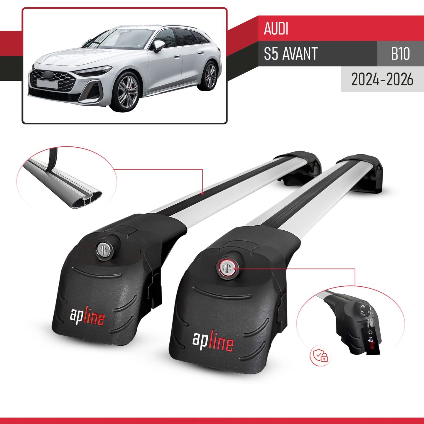 ACE-2 Dakdrager bagagedrager compatibel met Audi S5 Avant 2024-2025 Spoorstaven Grijs Aluminium 2 Staven