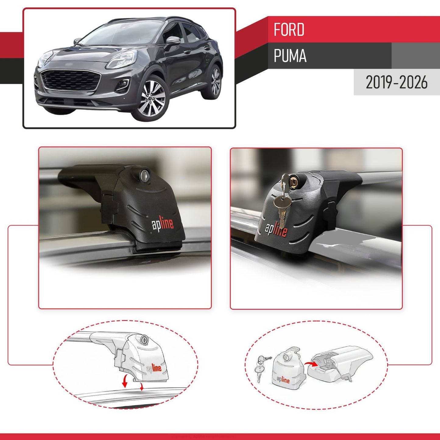 ACE-2 Dakdrager bagagedrager compatibel met Ford Puma 2019-2024 Spoorstaven Grijs Aluminium 2 Staven