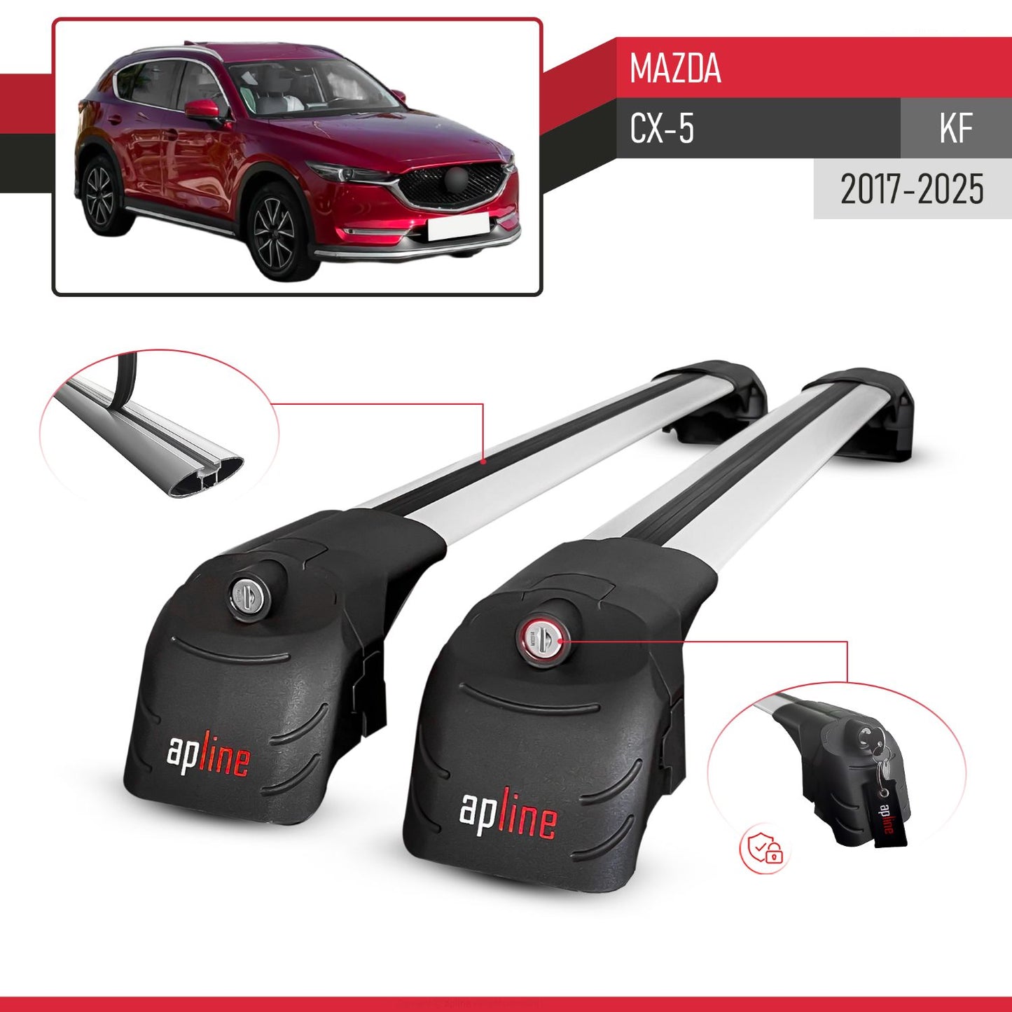 Compatible with Mazda CX-5 2017-2025 ACE-2 Car Roof Rack Cross Bar Grey Aluminium 2 Bars