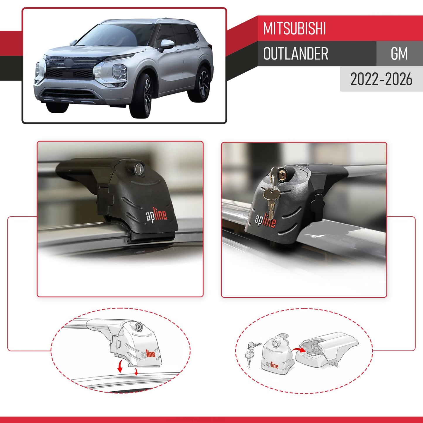 Compatible with Mitsubishi Outlander 2022-2025 ACE-2 Car Roof Rack Cross Bar Grey Aluminium 2 Bars