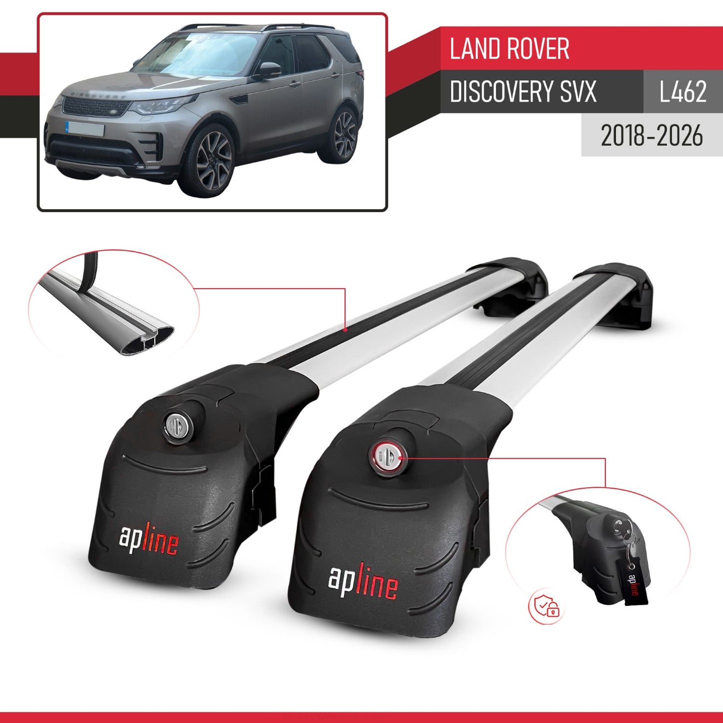 Compatible with Land Rover Discovery SVX 2018-2025 ACE-2 Car Roof Rack Cross Bar Grey Aluminium 2 Bars