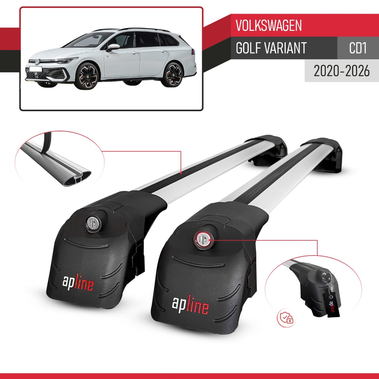 ACE-2 Dakdrager bagagedrager compatibel met Volkswagen Golf Variant 2024-2025 Spoorstaven Grijs Aluminium 2 Staven