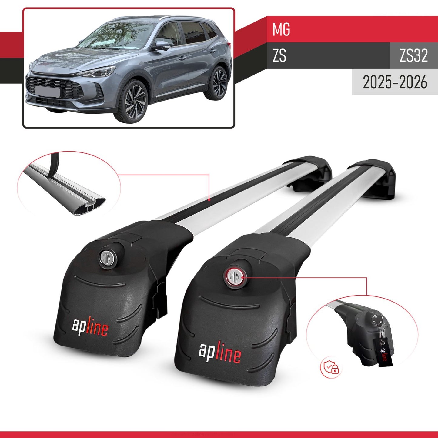 ACE-2 Dakdrager bagagedrager compatibel met MG ZS 2025-2026 Spoorstaven Grijs Aluminium 2 Staven