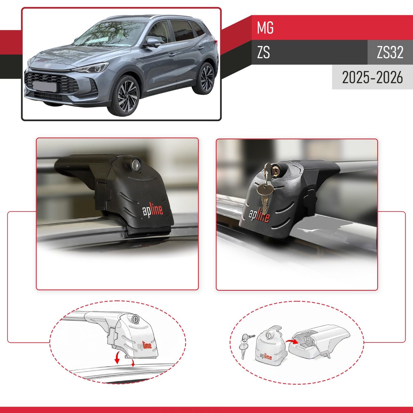 ACE-2 Dakdrager bagagedrager compatibel met MG ZS 2025-2026 Spoorstaven Grijs Aluminium 2 Staven
