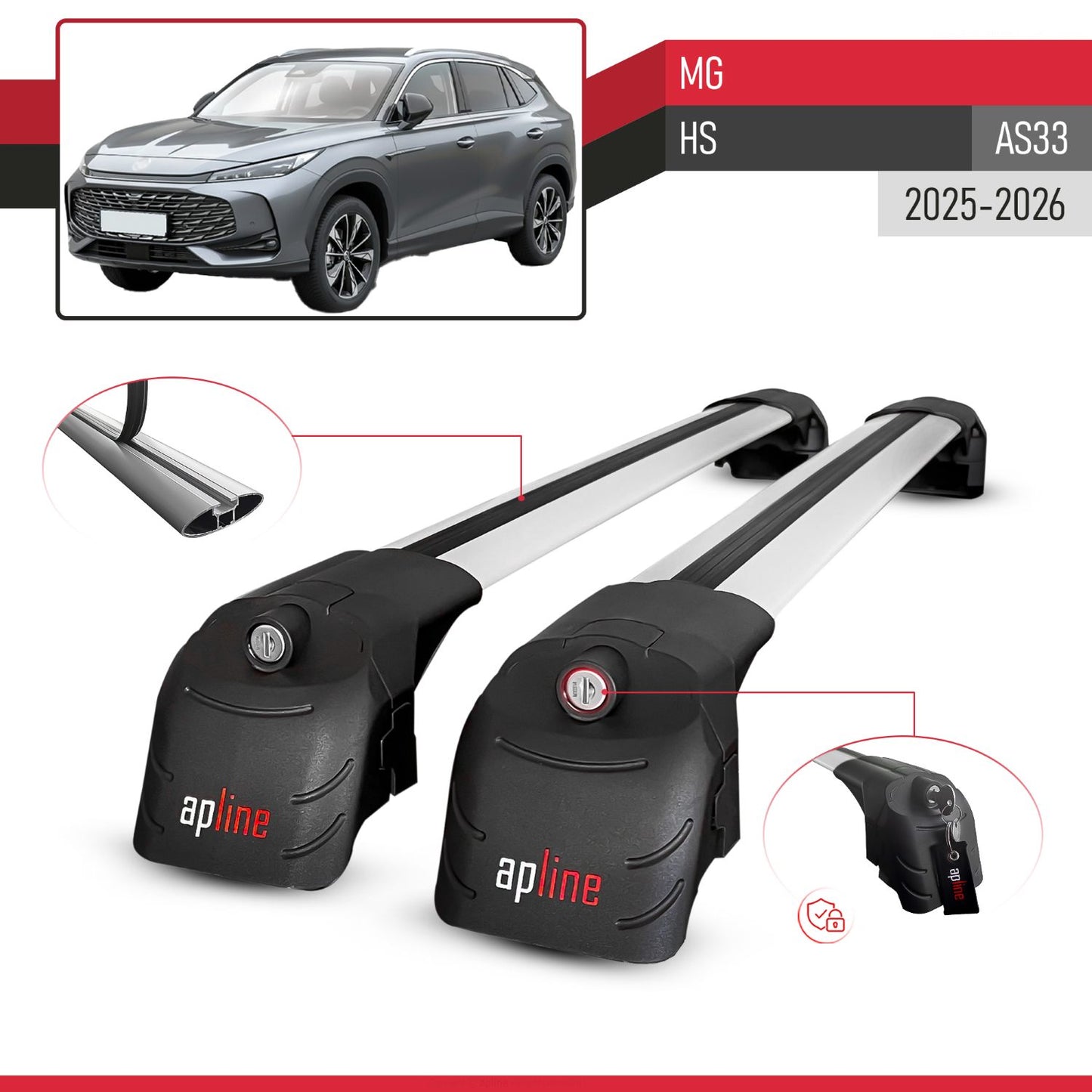 ACE-2 Dakdrager bagagedrager compatibel met MG HS 2025-2026 Spoorstaven Grijs Aluminium 2 Staven