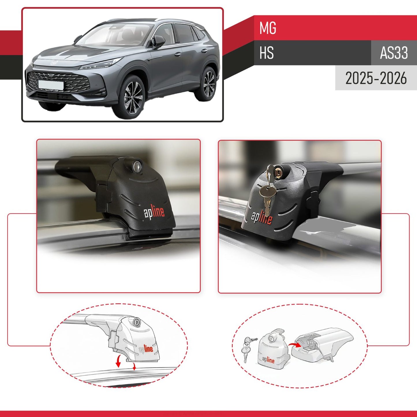 ACE-2 Dakdrager bagagedrager compatibel met MG HS 2025-2026 Spoorstaven Grijs Aluminium 2 Staven