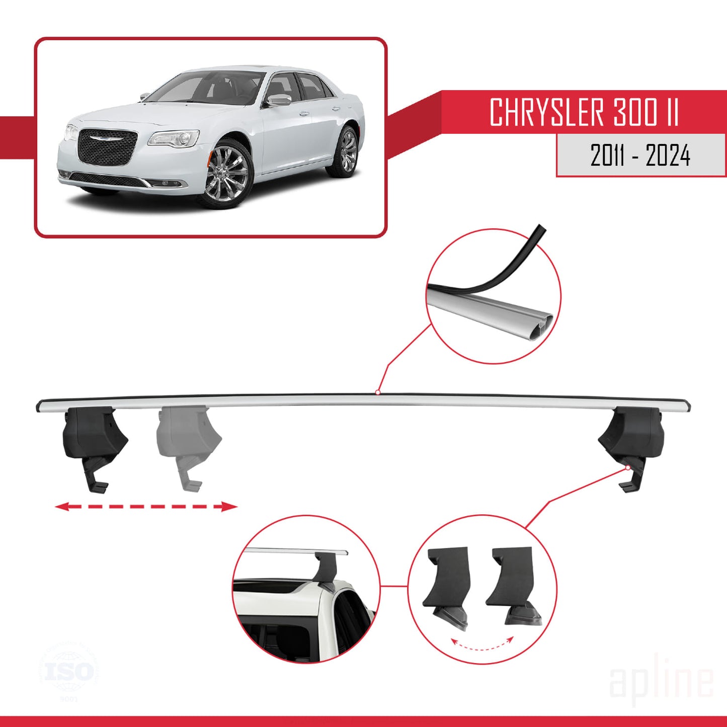 Compatible avec Chrysler 300 II (LD) 2011-2023 ACE-4 Barres de Toit Railing Porte-Bagages de Voiture Gris Aluminium 2 Barres