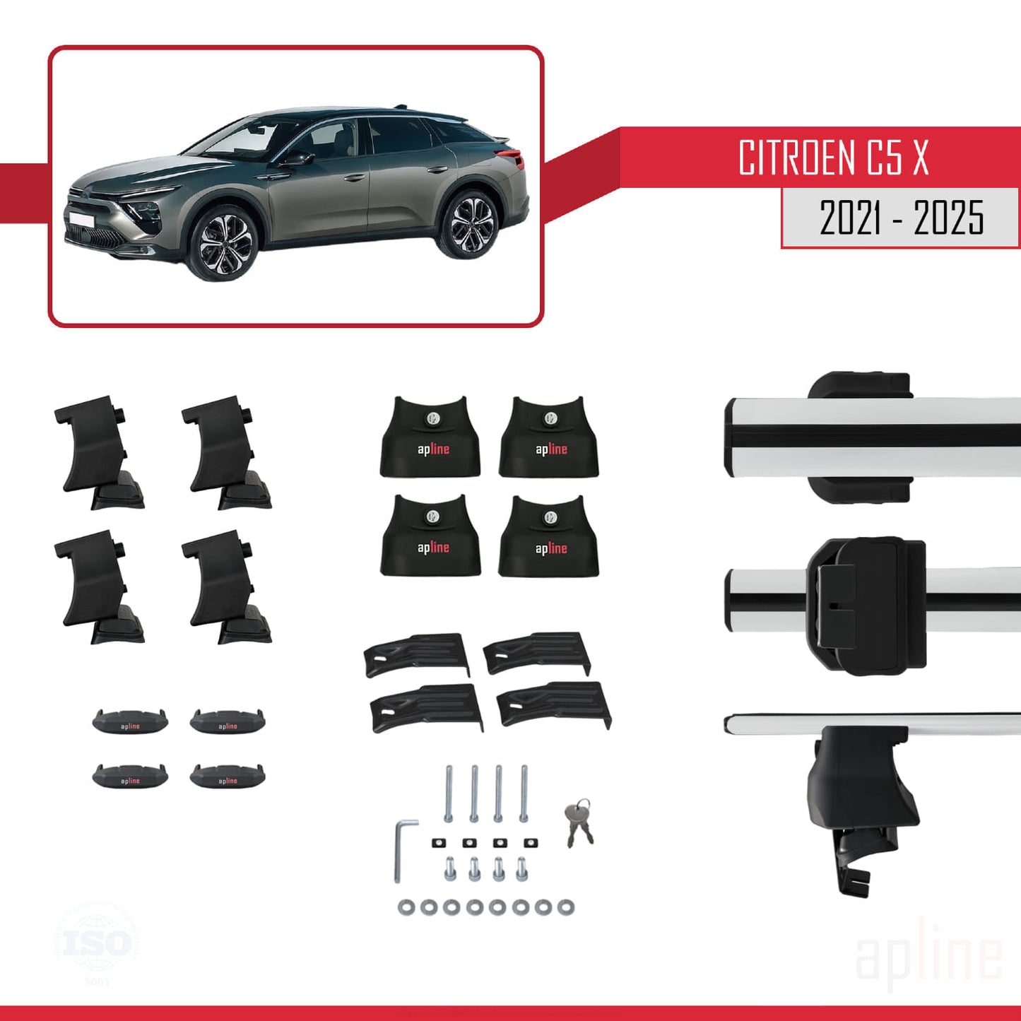 Compatible with Citroen C5 X (E43) 2021-2025 ACE-4 Car Roof Rack Cross Bar Grey Aluminium 2 Bars