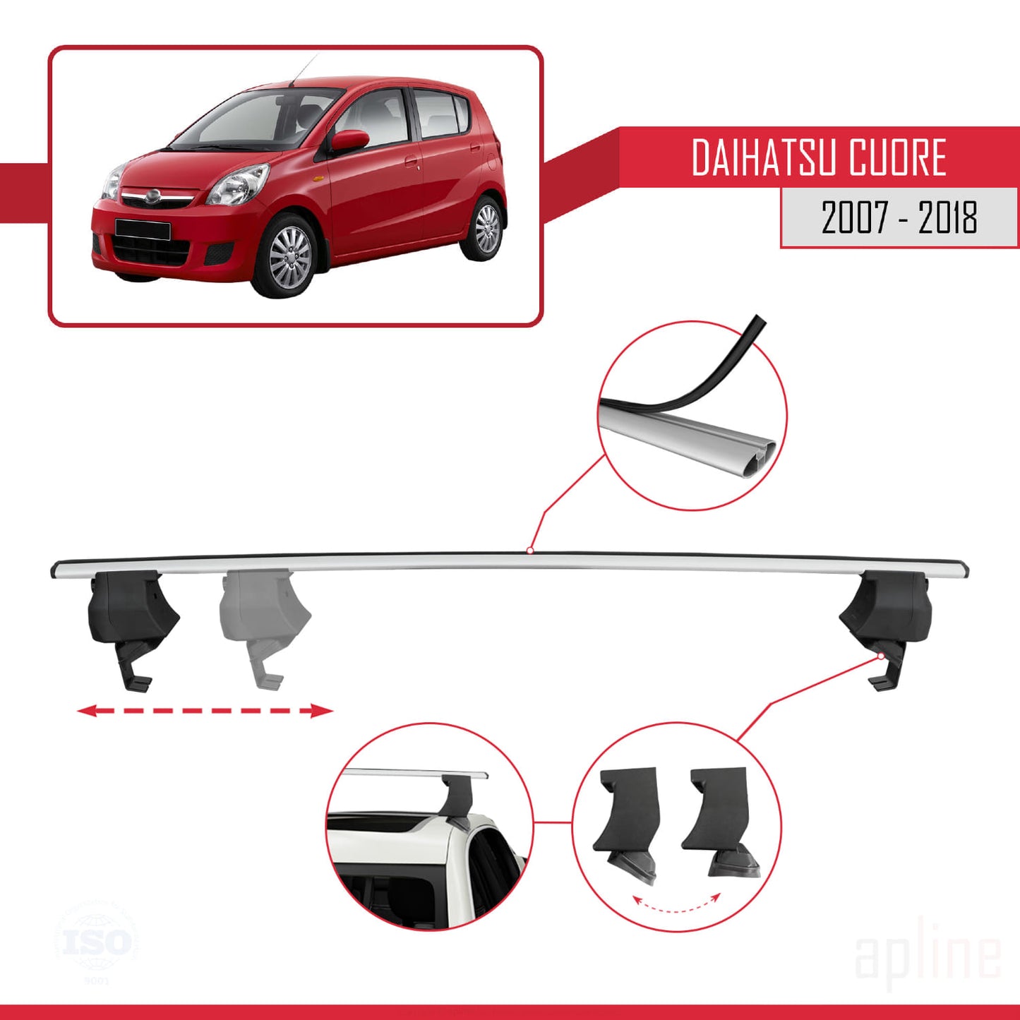 Compatible with Daihatsu Cuore 2007-2018 ACE-4 Car Roof Rack Cross Bar Grey Aluminium 2 Bars