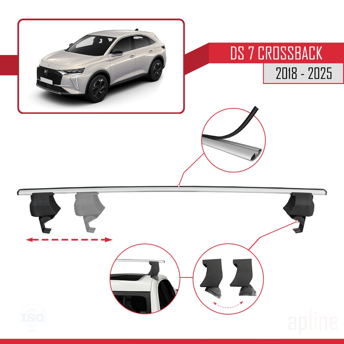 ACE-4 Dakdrager bagagedrager compatibel met DS 7 Crossback 2018-2025 Spoorstaven Grijs Aluminium 2 Staven