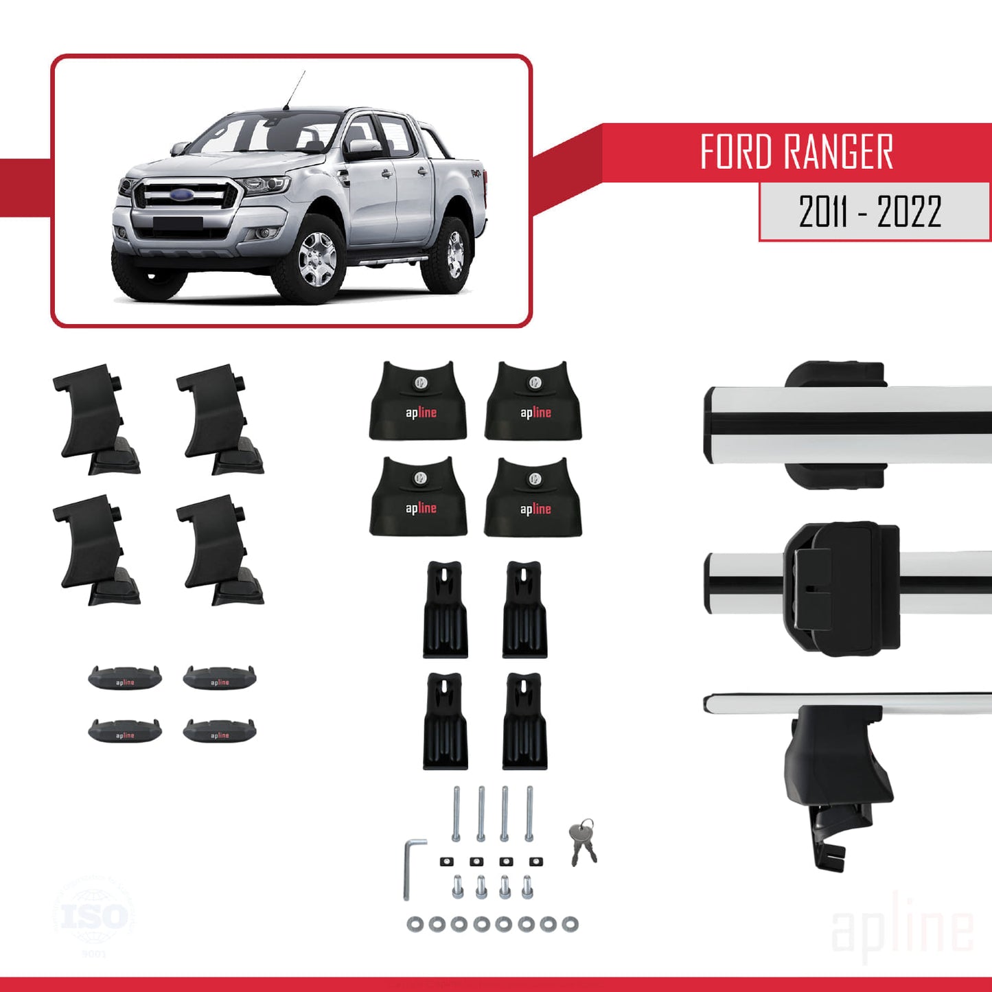 ACE-4 Dakdrager bagagedrager compatibel met Ford Ranger (P375) 2011-2022 Spoorstaven Grijs Aluminium 2 Staven