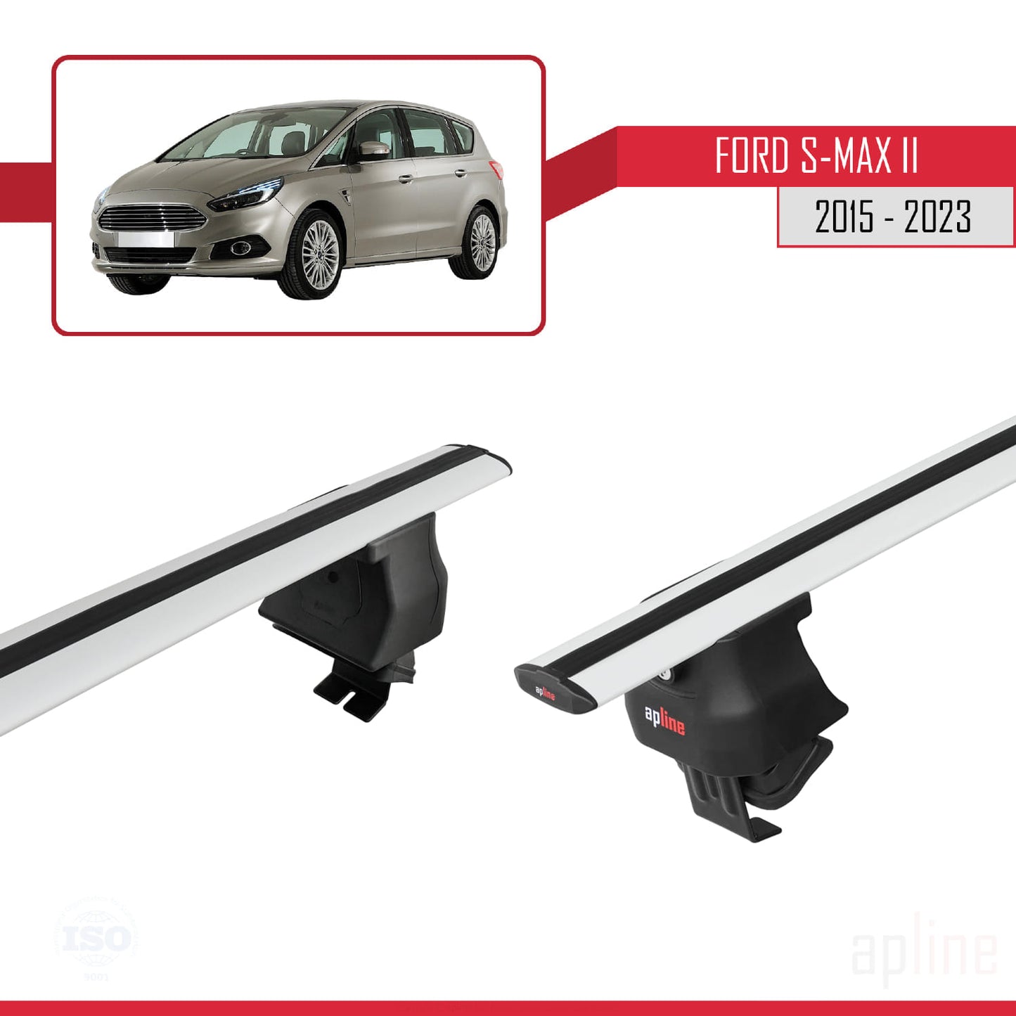 ACE-4 Dakdrager bagagedrager compatibel met Ford S-Max 2 (CD539) 2015-2023 Spoorstaven Grijs Aluminium 2 Staven