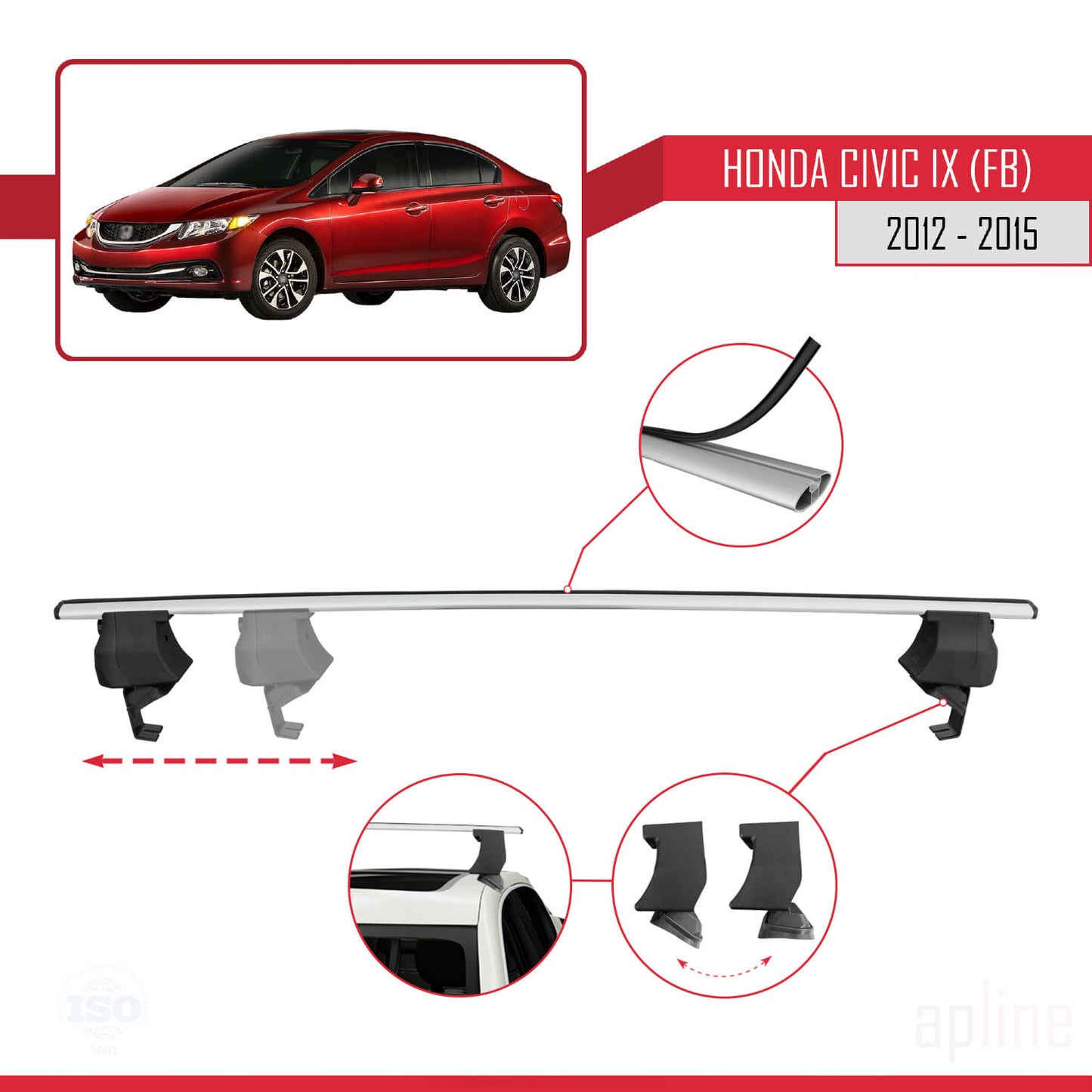 ACE-4 Dakdrager bagagedrager compatibel met Honda Civic 9 (FB) Sedan 2012-2015 Spoorstaven Grijs Aluminium 2 Staven