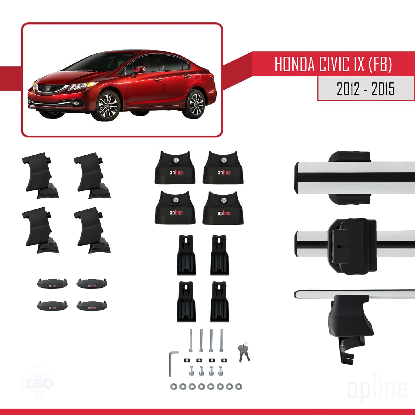 ACE-4 Dakdrager bagagedrager compatibel met Honda Civic 9 (FB) Sedan 2012-2015 Spoorstaven Grijs Aluminium 2 Staven