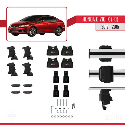 ACE-4 Dakdrager bagagedrager compatibel met Honda Civic 9 (FB) Sedan 2012-2015 Spoorstaven Grijs Aluminium 2 Staven