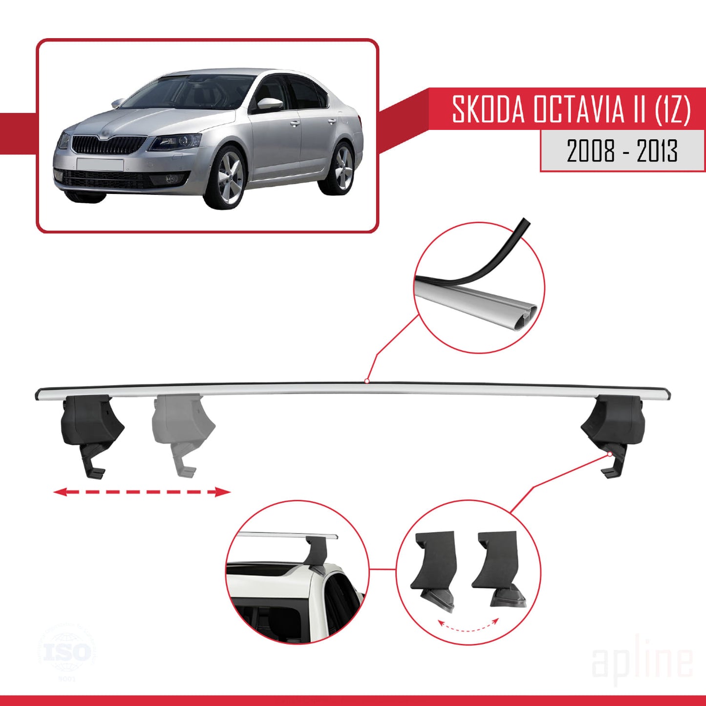 Compatible avec Skoda Octavia 2 (1Z) Post-Facelift 2008-2013 ACE-4 Barres de Toit Railing Porte-Bagages de Voiture Gris Aluminium 2 Barres