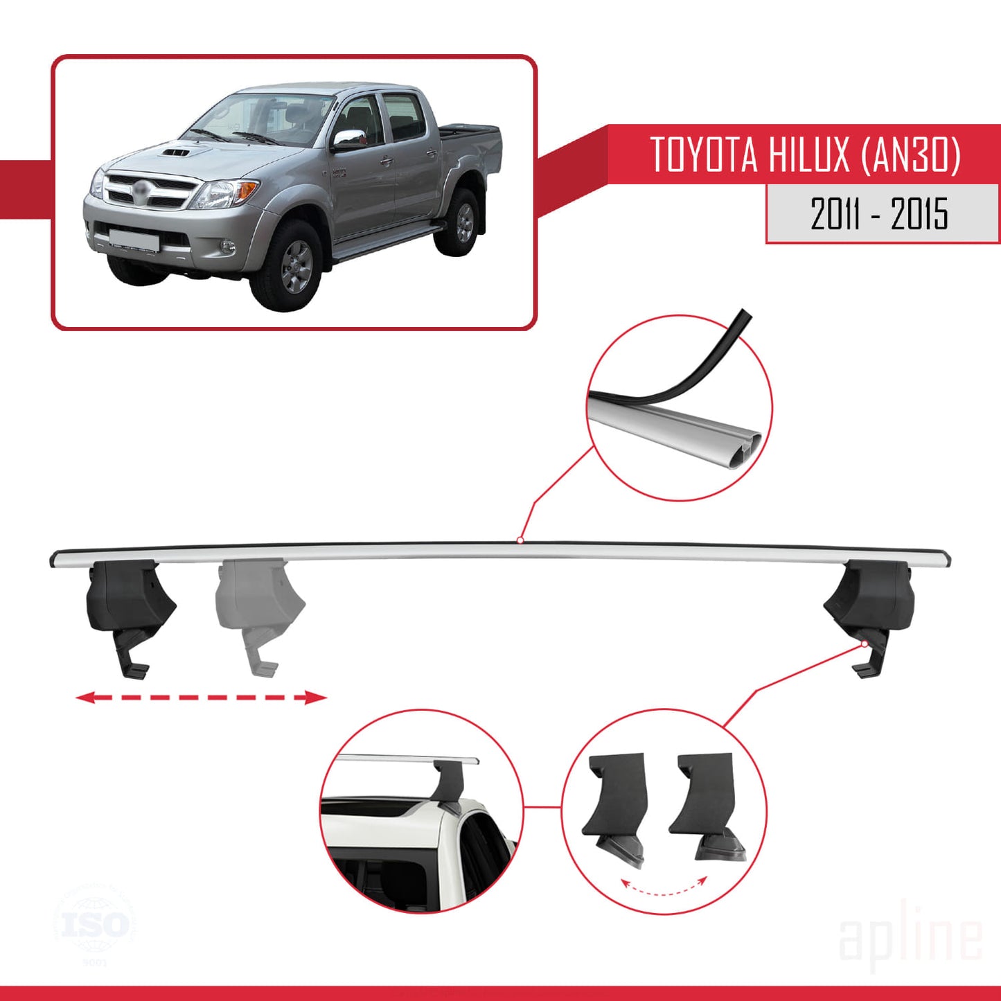 Compatible avec Toyota Hilux 7 (AN30) Post-Facelift 2011-2015 ACE-4 Barres de Toit Railing Porte-Bagages de Voiture Gris Aluminium 2 Barres