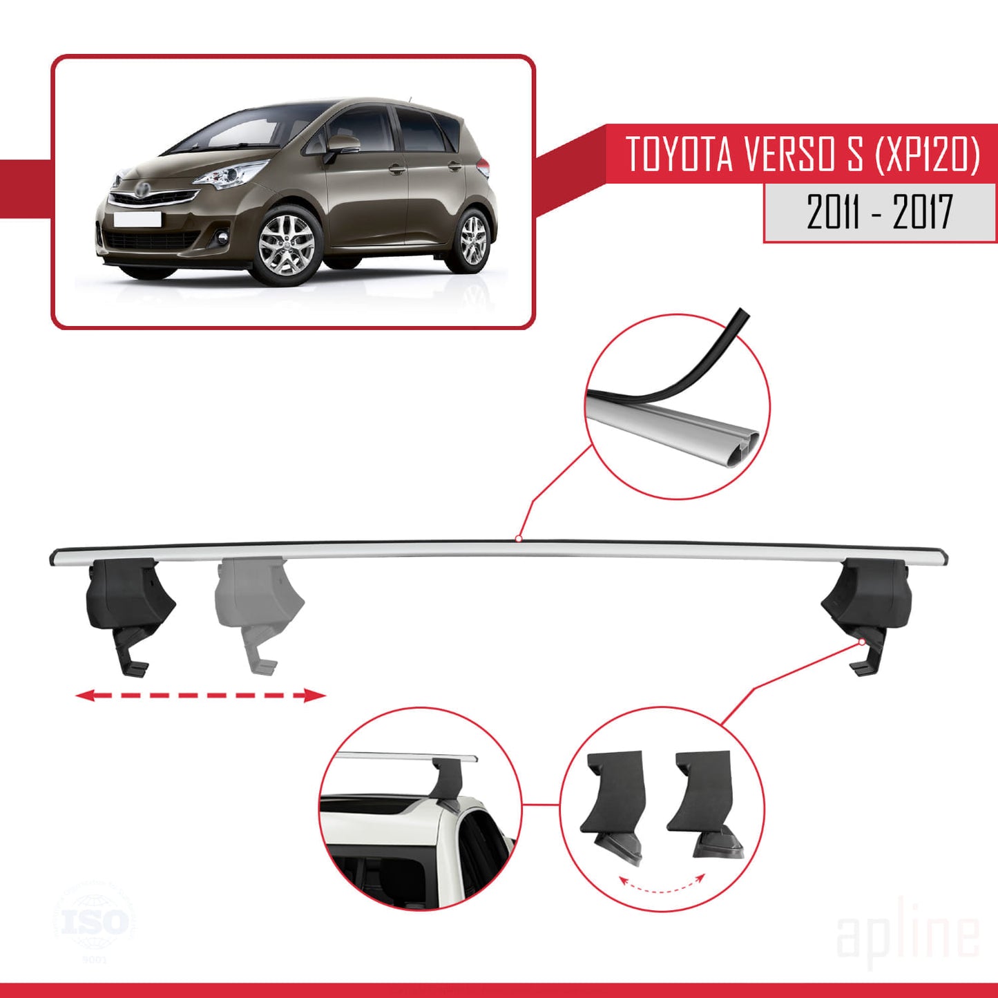 Compatible avec Toyota Verso S (XP120) 2011-2017 ACE-4 Barres de Toit Railing Porte-Bagages de Voiture Gris Aluminium 2 Barres