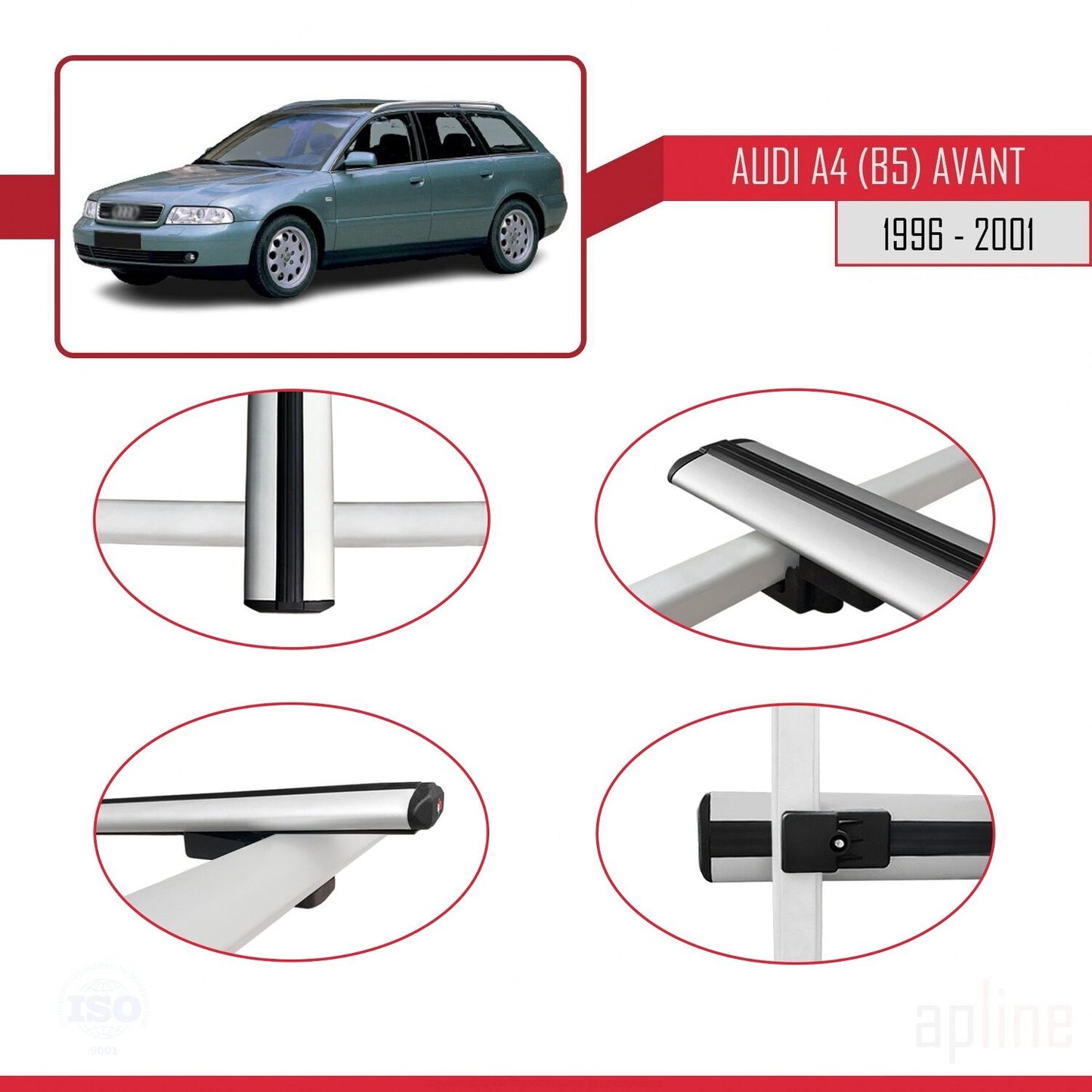 Compatible avec A4 (B5) Avant 1996-2001 BASIC Model Barres de Toit Railing Porte-Bagages de Voiture Gris Aluminium 3 Barres