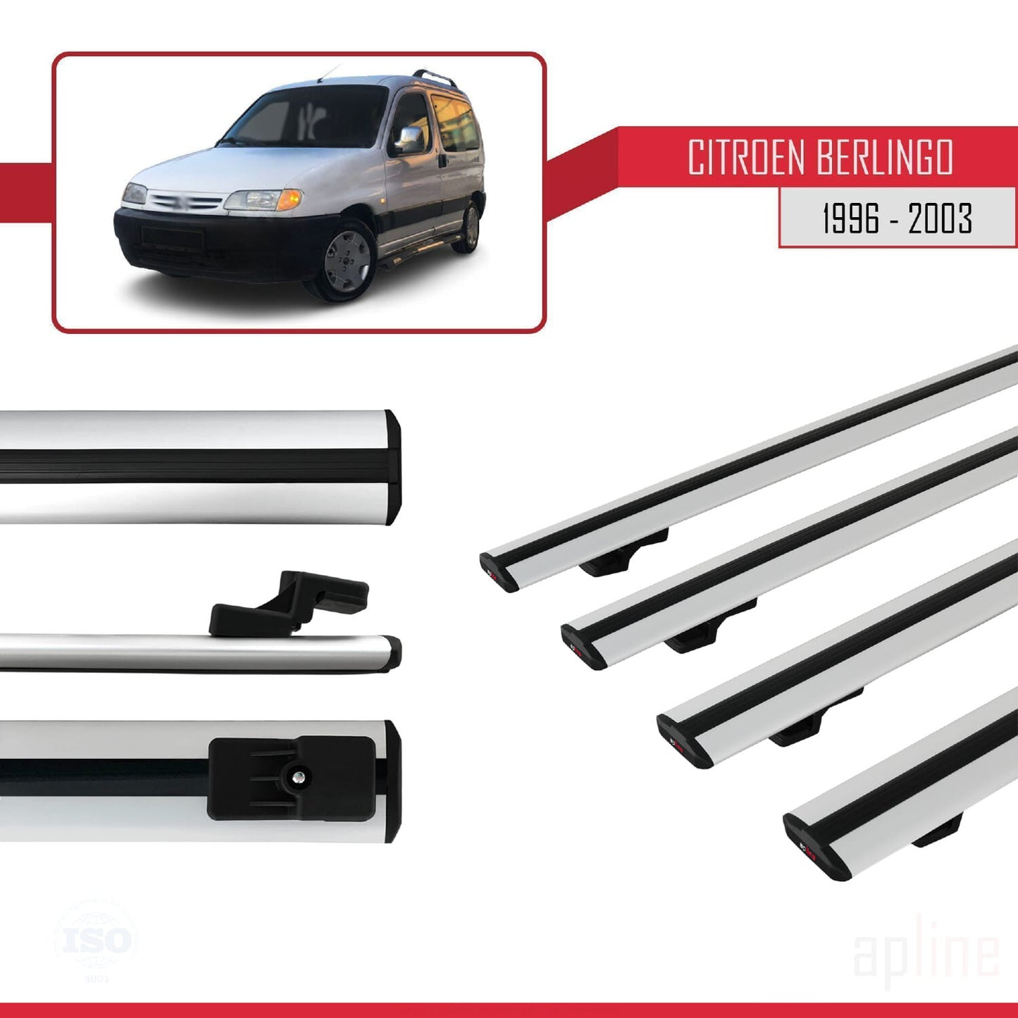 Compatible with Citroen Berlingo (M49) 1996-2003 BASIC Model Car Roof Rack Cross Bar Grey Aluminium 4 Bars
