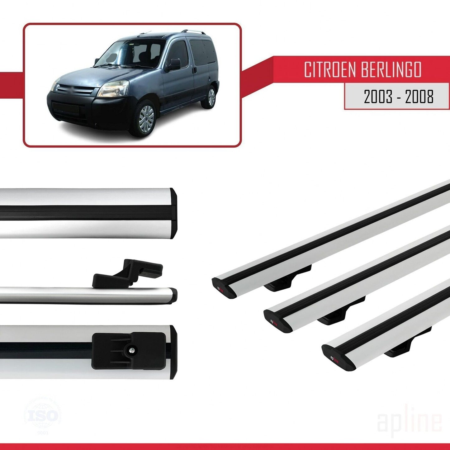 BASIC Model Dakdrager bagagedrager compatibel met Citroen Berlingo (M59) 2003-2008 Spoorstaven Grijs Aluminium 3 Staven