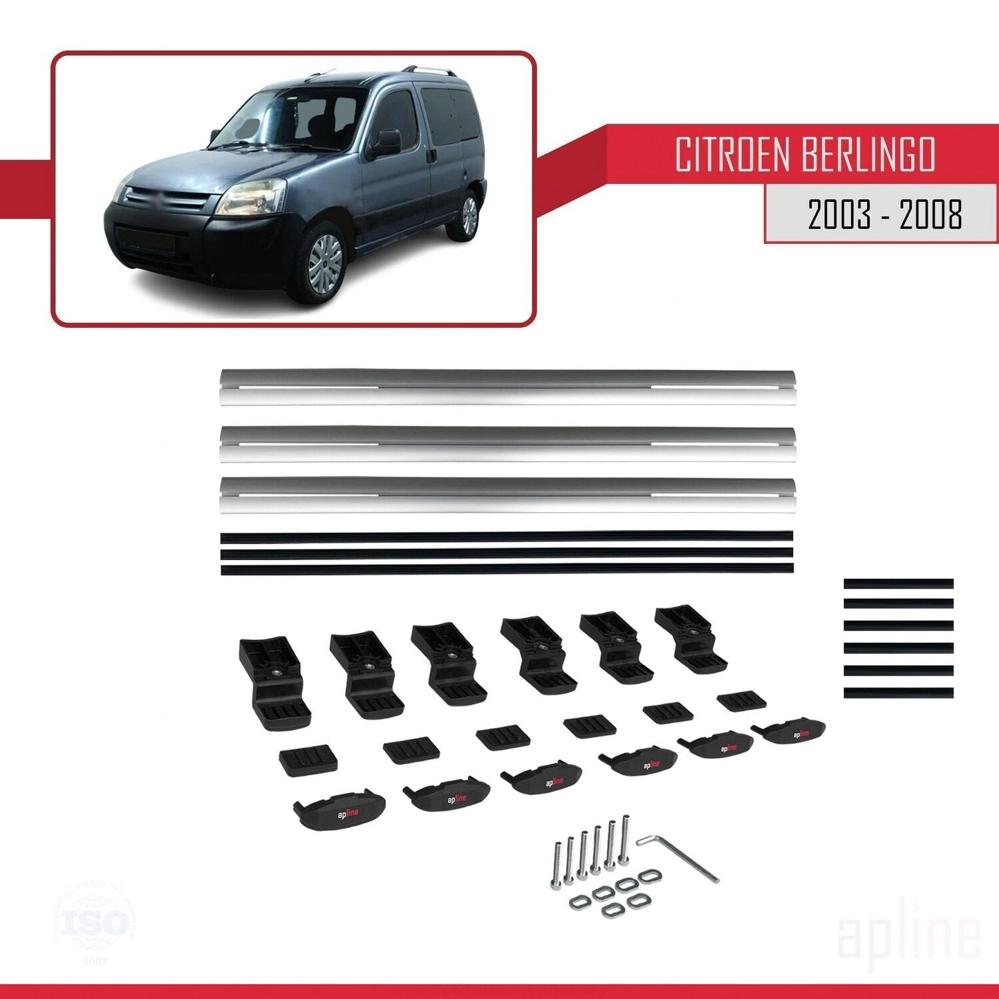 BASIC Model Dakdrager bagagedrager compatibel met Citroen Berlingo (M59) 2003-2008 Spoorstaven Grijs Aluminium 3 Staven