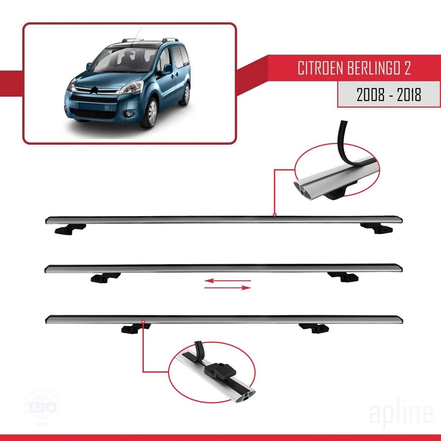 Compatible avec Citroen Berlingo 2 (B9) 2008-2018 BASIC Model Barres de Toit Railing Porte-Bagages de Voiture Gris Aluminium 2 Barres