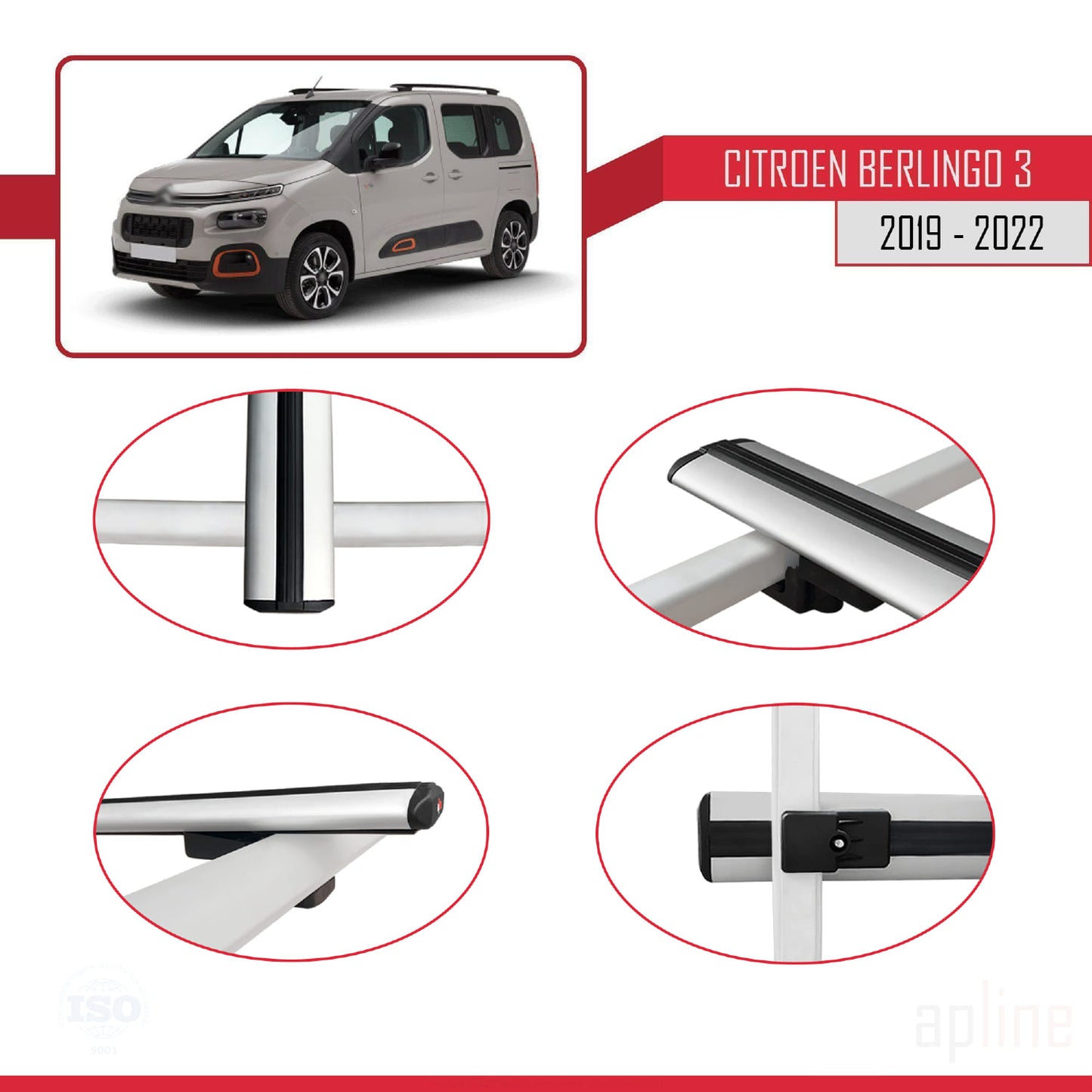 Compatible avec Citroen Berlingo 3 (K9) 2019-2022 BASIC Model Barres de Toit Railing Porte-Bagages de Voiture Gris Aluminium 4 Barres
