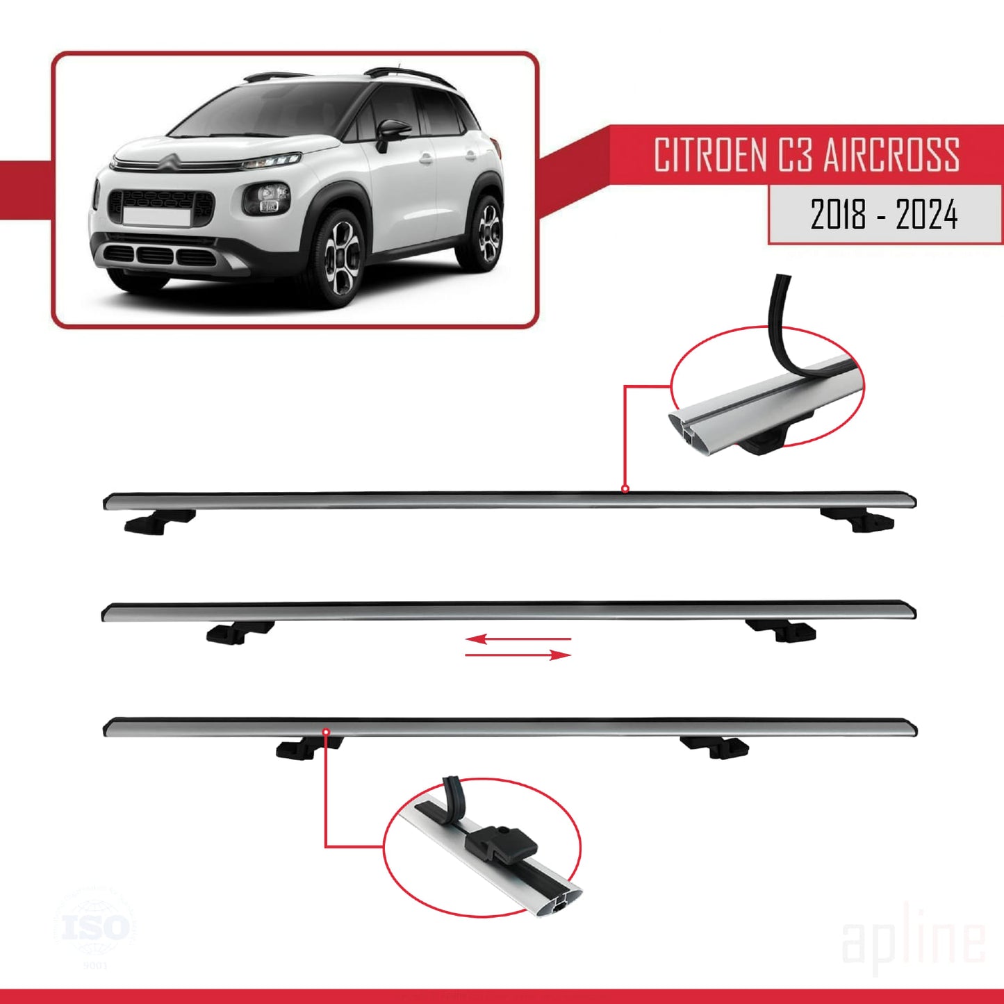 Compatible avec Citroen C3 Aircross (A88) 2018-2024 BASIC Model Barres de Toit Railing Porte-Bagages de Voiture Gris Aluminium 3 Barres