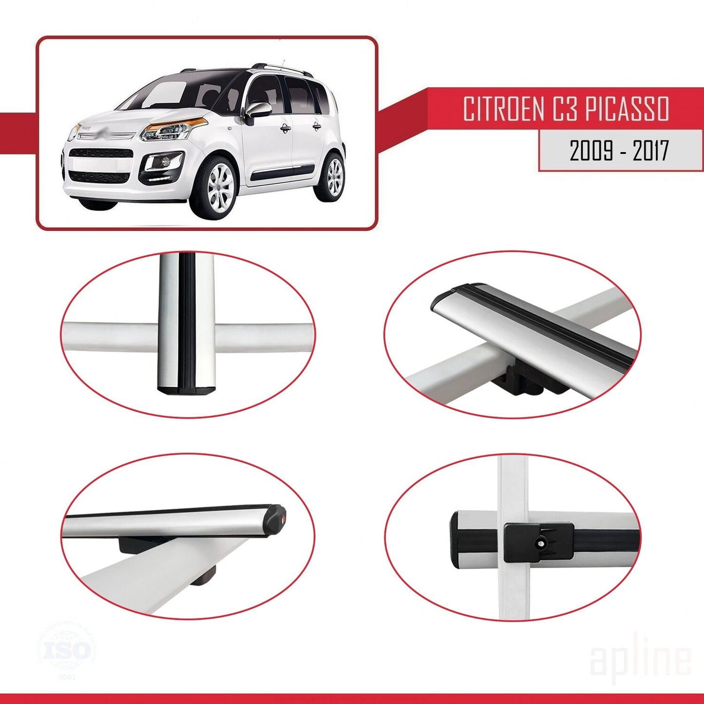 Compatible avec Citroen C3 Picasso 2009-2017 BASIC Model Barres de Toit Railing Porte-Bagages de Voiture Gris Aluminium 3 Barres