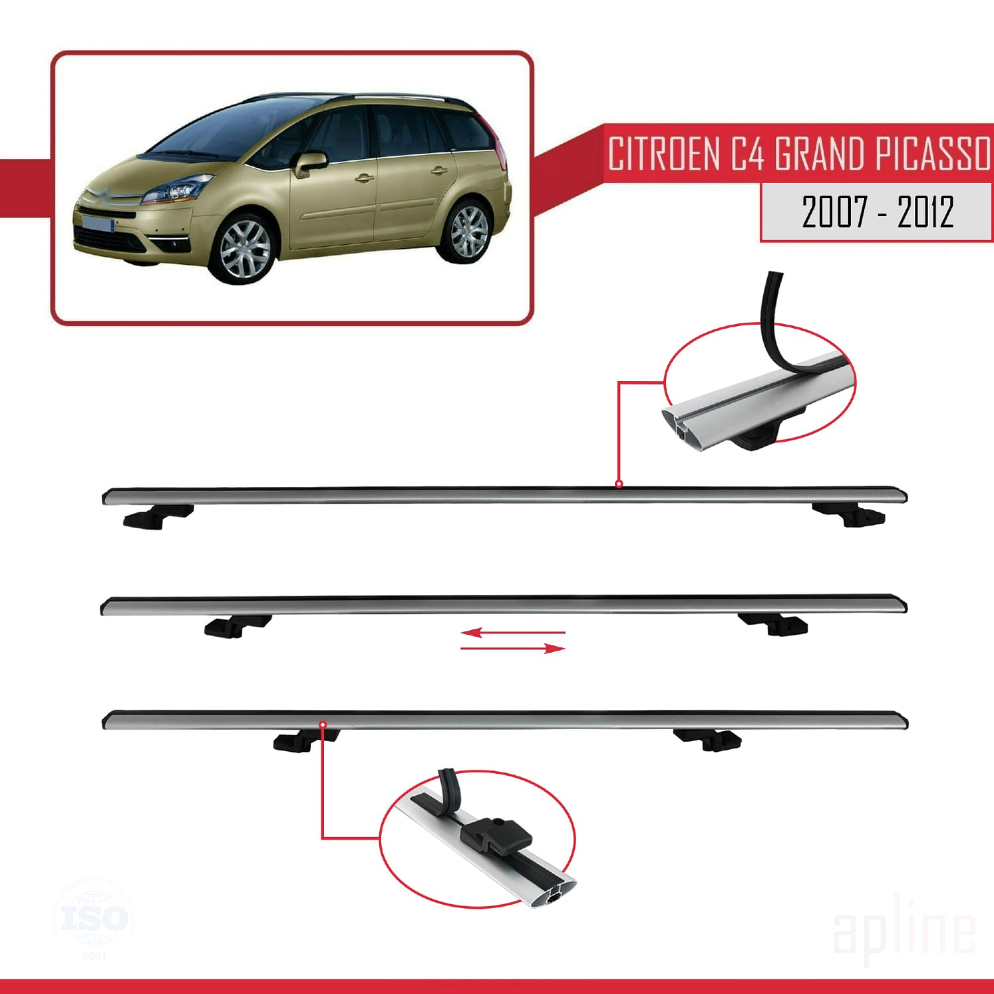 Compatible avec Citroen Grand C4 Picasso 2007-2012 BASIC Model Barres de Toit Railing Porte-Bagages de Voiture Gris Aluminium 2 Barres