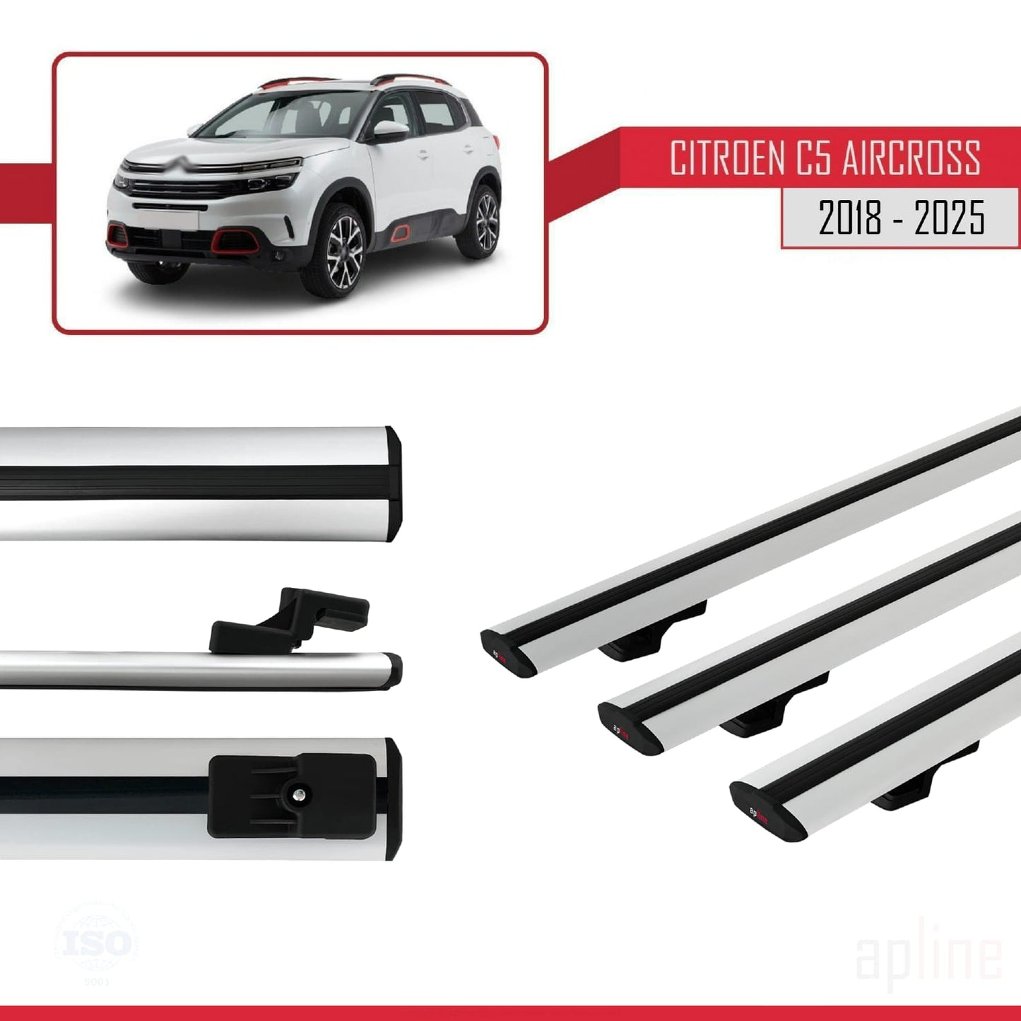 Compatible avec Citroen C5 Aircross 2018-2025 BASIC Model Barres de Toit Railing Porte-Bagages de Voiture Gris Aluminium 3 Barres