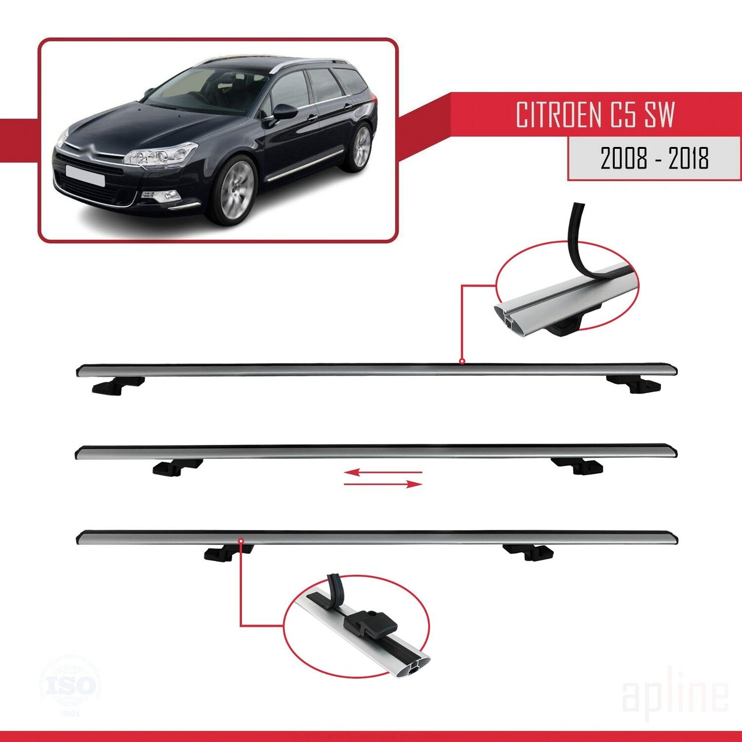 Compatible avec Citroen C5 II Tourer 2008-2018 BASIC Model Barres de Toit Railing Porte-Bagages de Voiture Gris Aluminium 2 Barres