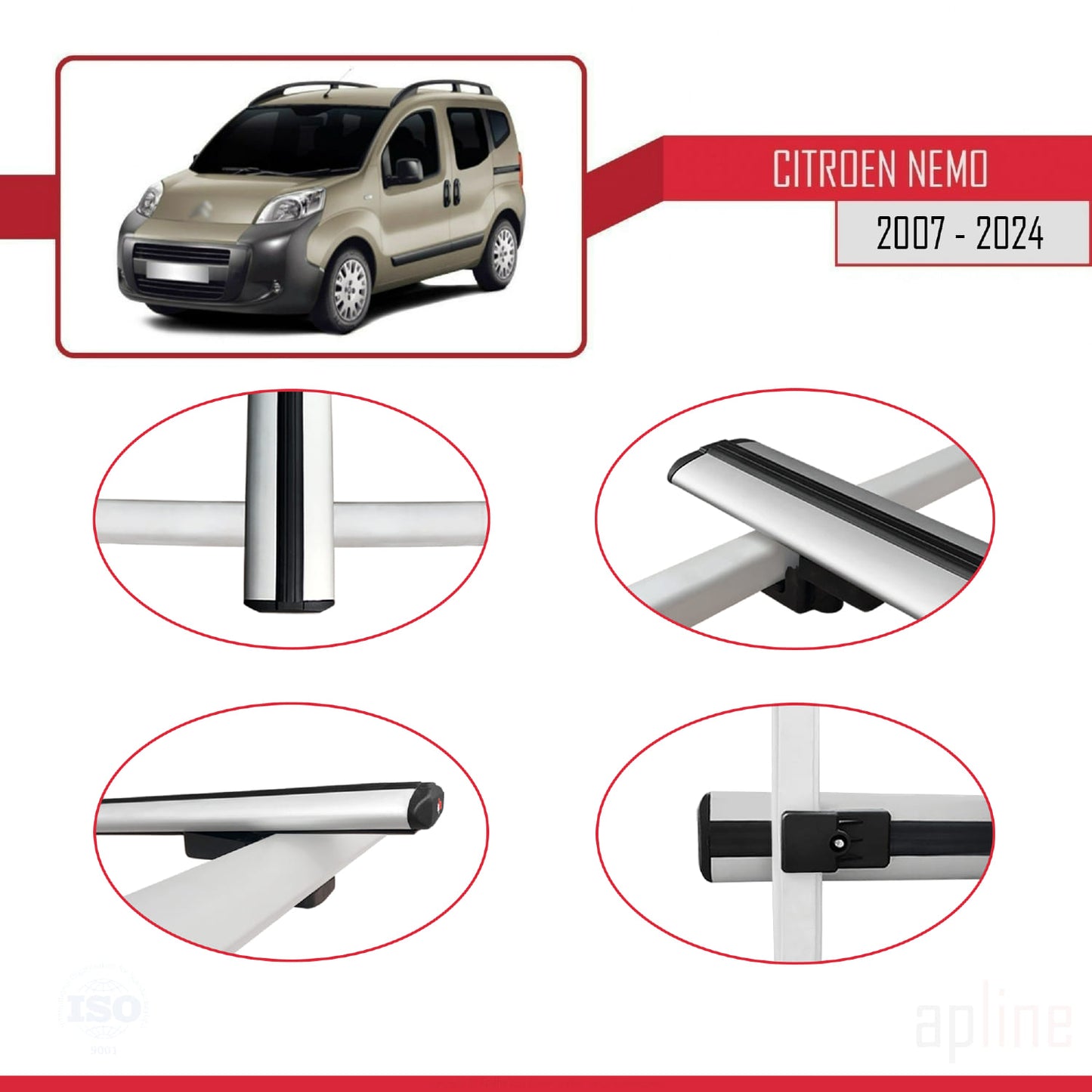 Compatible avec Citroen Nemo 3 (225) 2007-2024 BASIC Model Barres de Toit Railing Porte-Bagages de Voiture Gris Aluminium 3 Barres