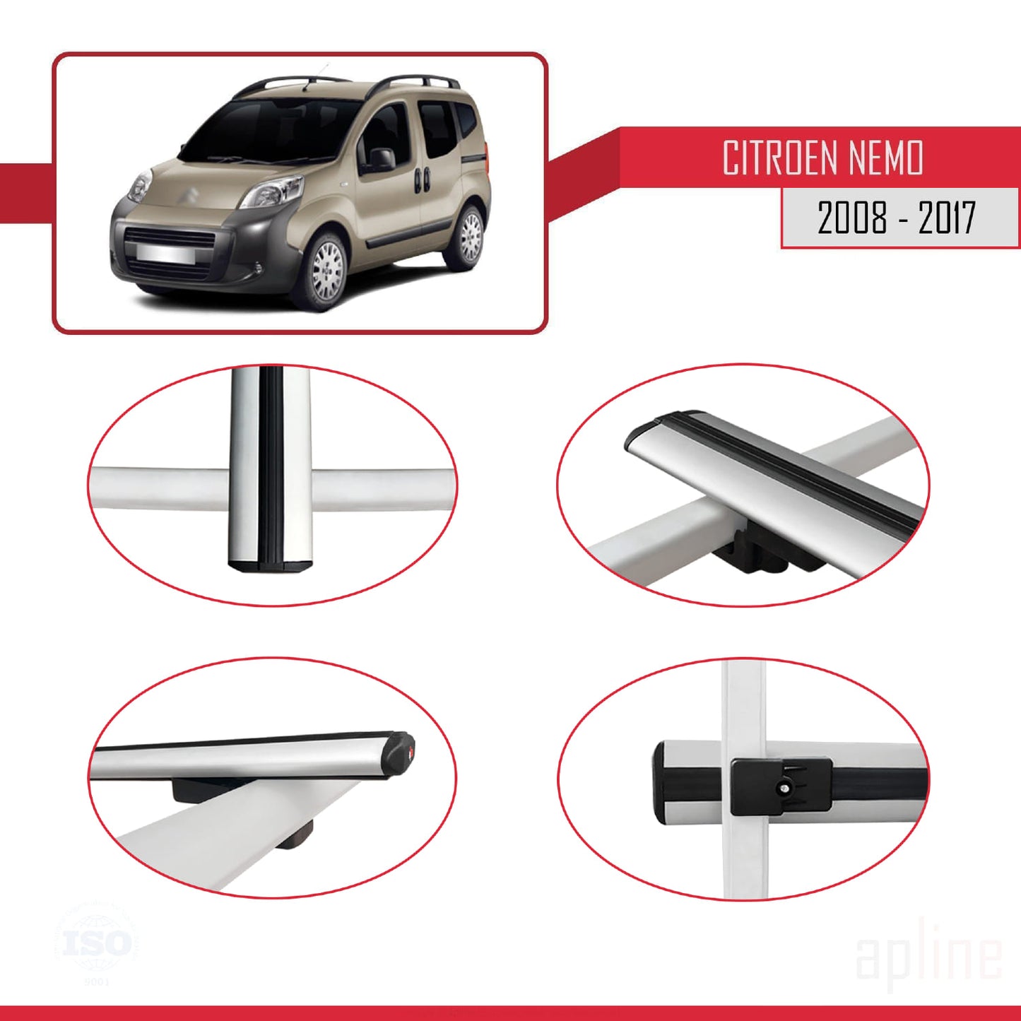 Compatible avec Citroen Nemo 3 (225) 2007-2024 BASIC Model Barres de Toit Railing Porte-Bagages de Voiture Gris Aluminium 4 Barres