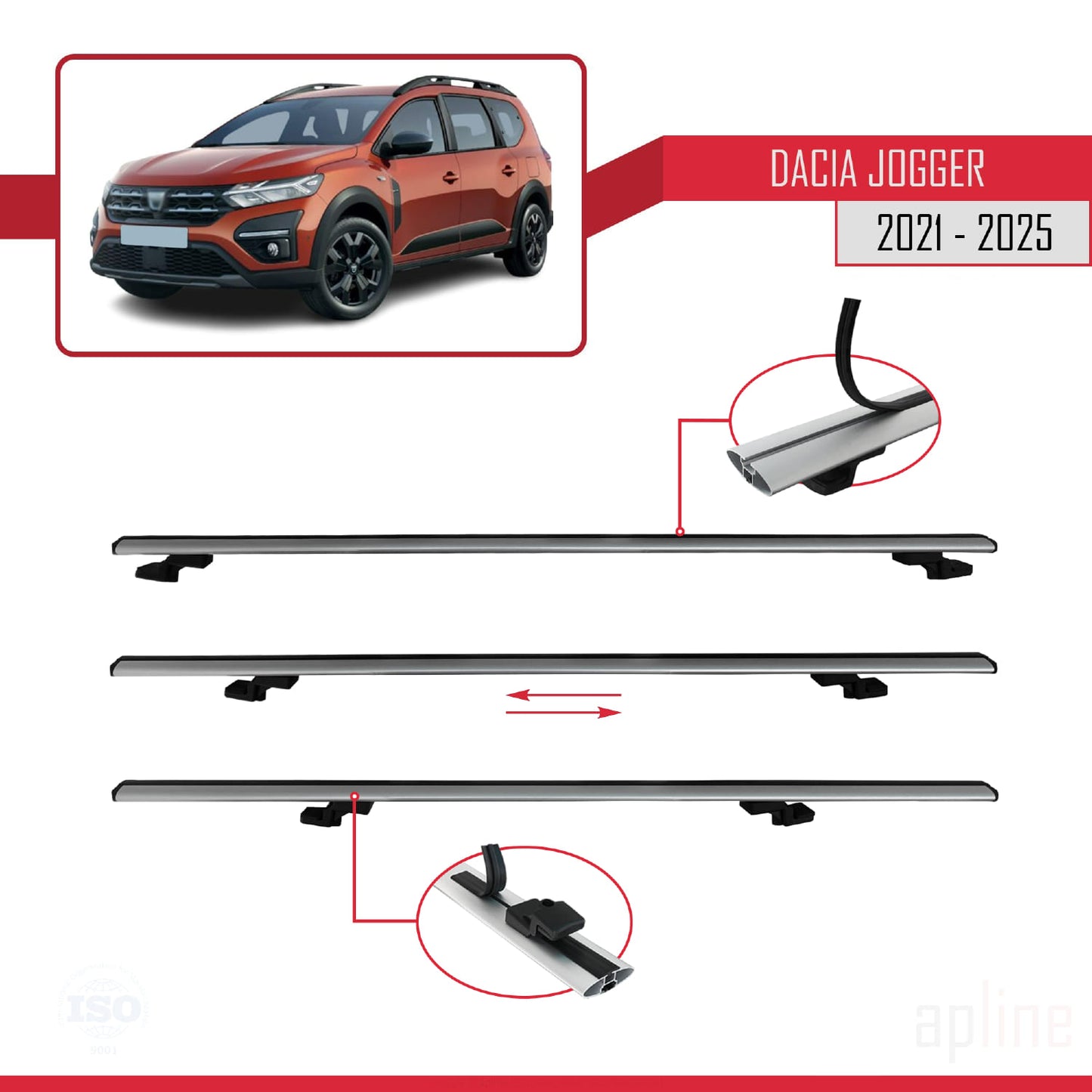 Compatible avec Dacia Jogger 2021-2025 BASIC Model Barres de Toit Railing Porte-Bagages de Voiture Gris Aluminium 3 Barres