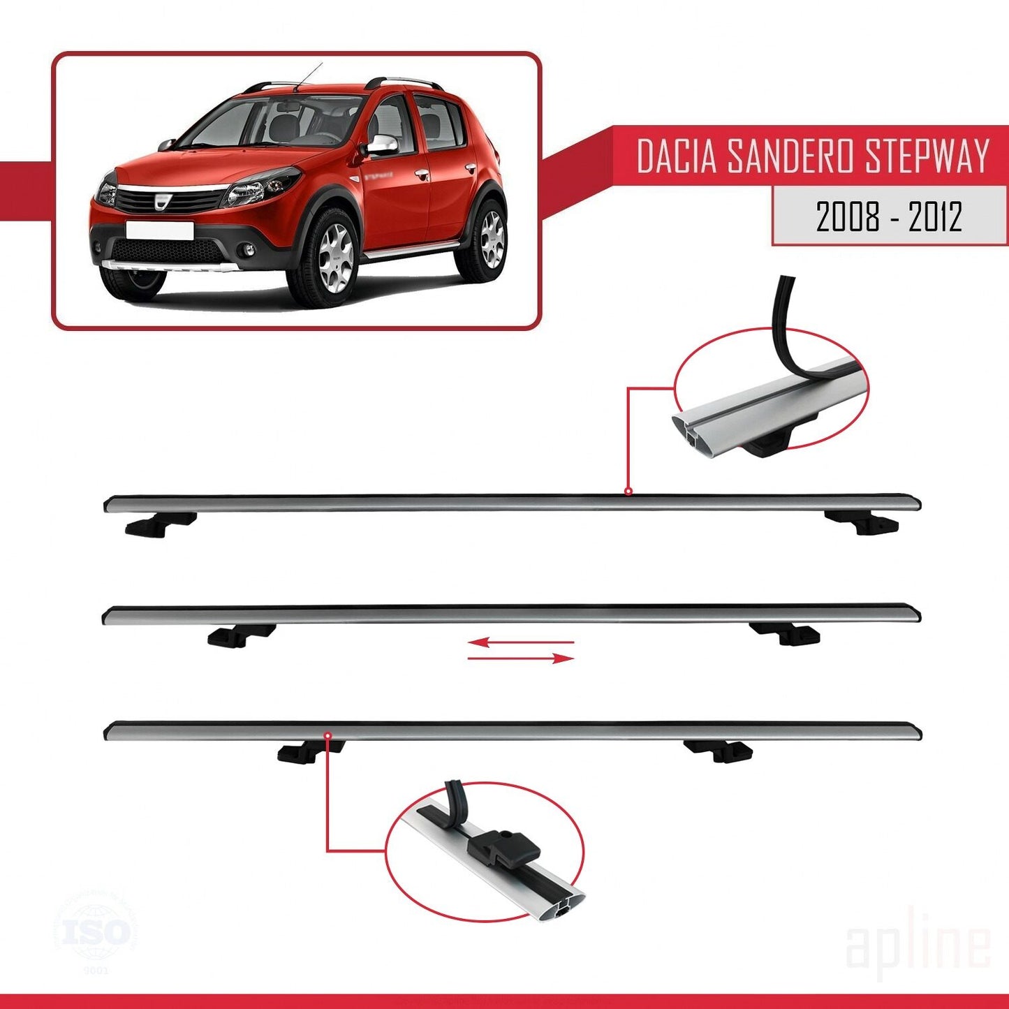 Compatible avec Dacia Sandero Stepway 2008-2012 BASIC Model Barres de Toit Railing Porte-Bagages de Voiture Gris Aluminium 3 Barres