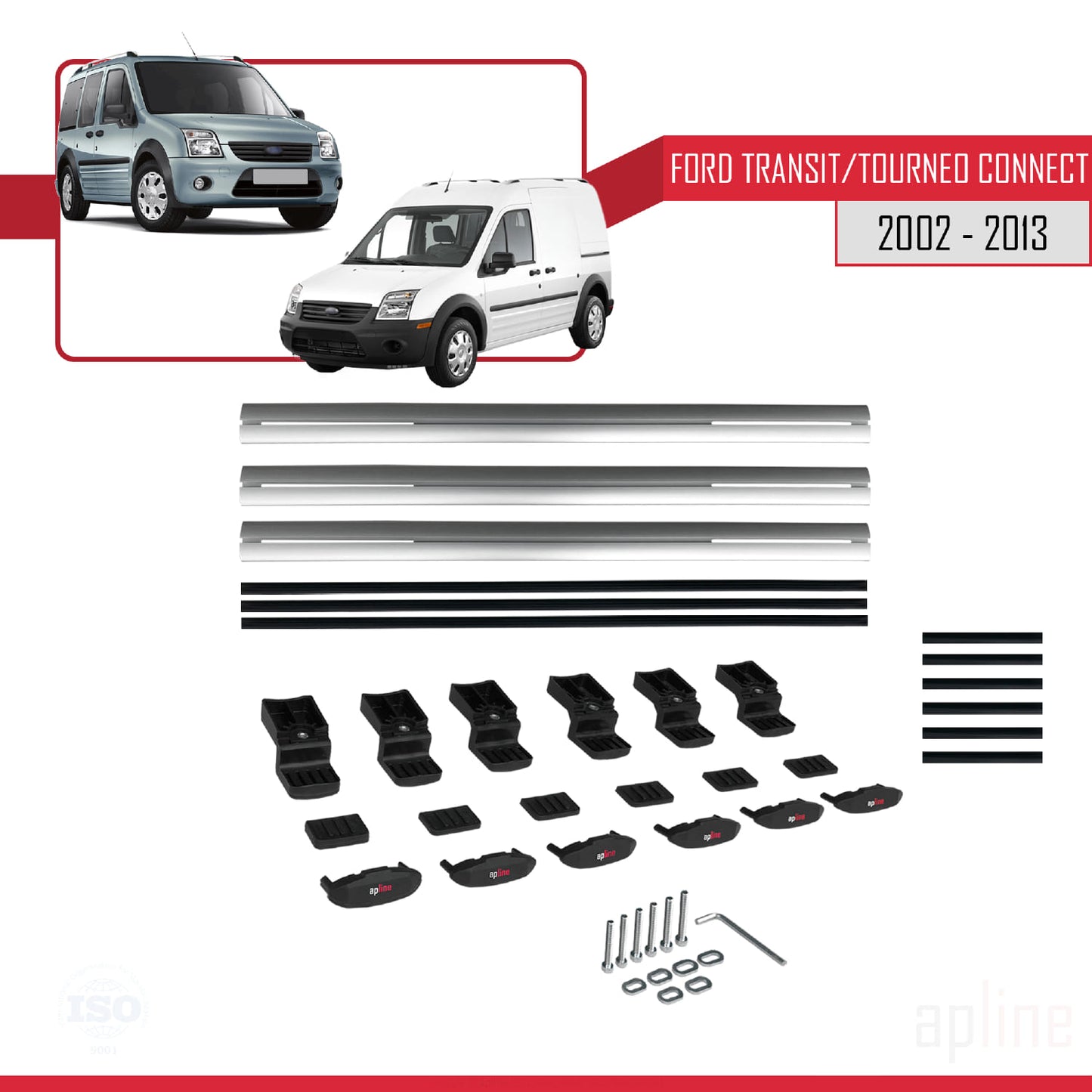 Compatible with Ford Transit/Tourneo Connect 2002-2013 BASIC Model Car Roof Rack Cross Bar Grey Aluminium 3 Bars