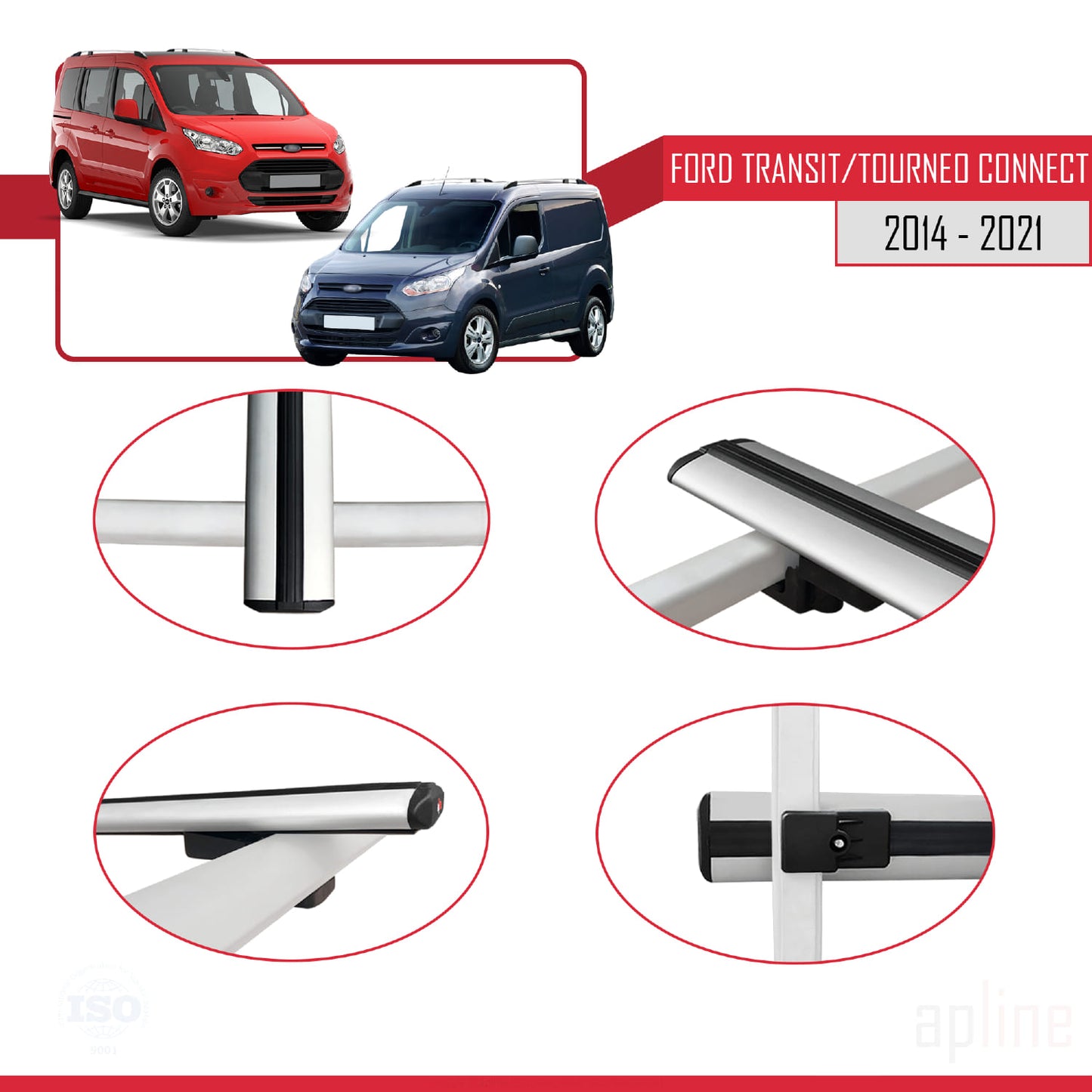 Compatible with Ford Transit/Tourneo Connect 2 2014-2021 BASIC Model Car Roof Rack Cross Bar Grey Aluminium 2 Bars