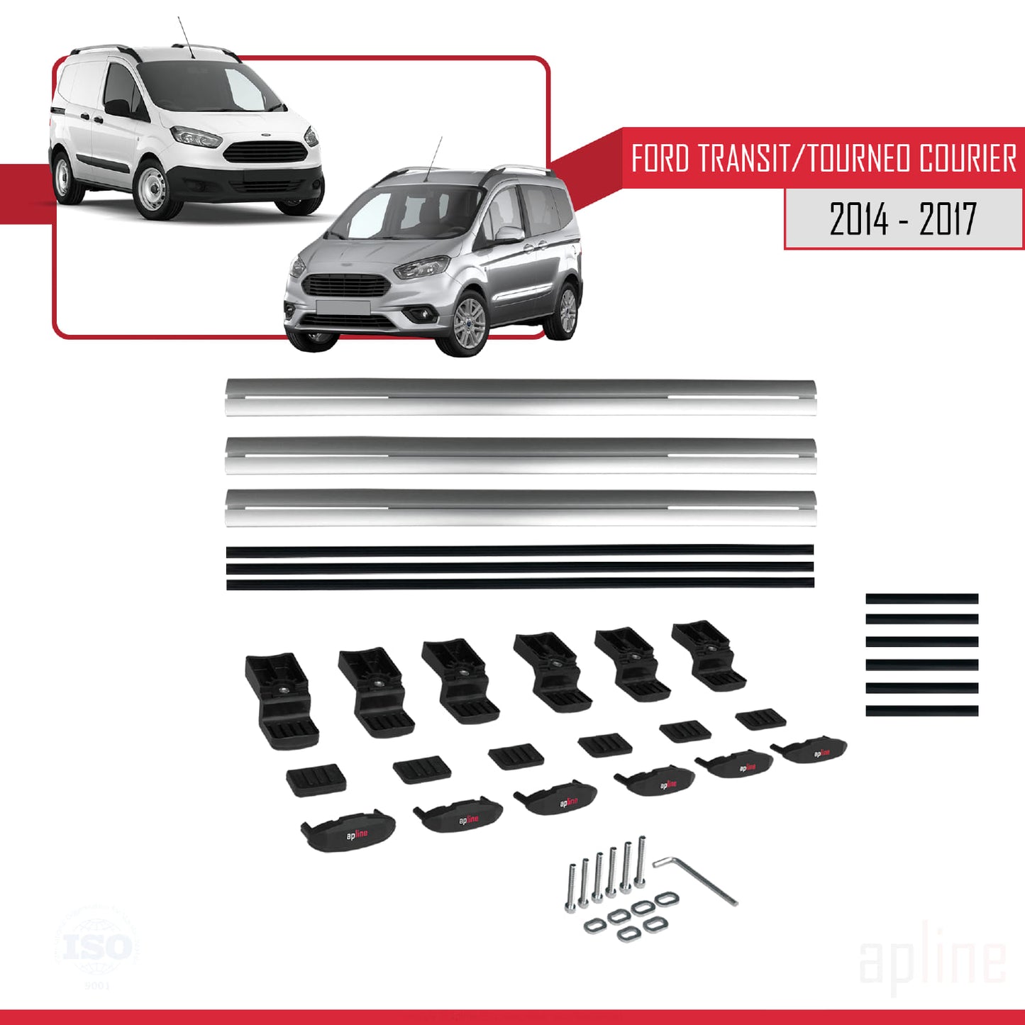BASIC Model Dakdrager bagagedrager compatibel met Ford Transit/Tourneo Courier Pre-Facelift 2014-2017 Spoorstaven Grijs Aluminium 3 Staven